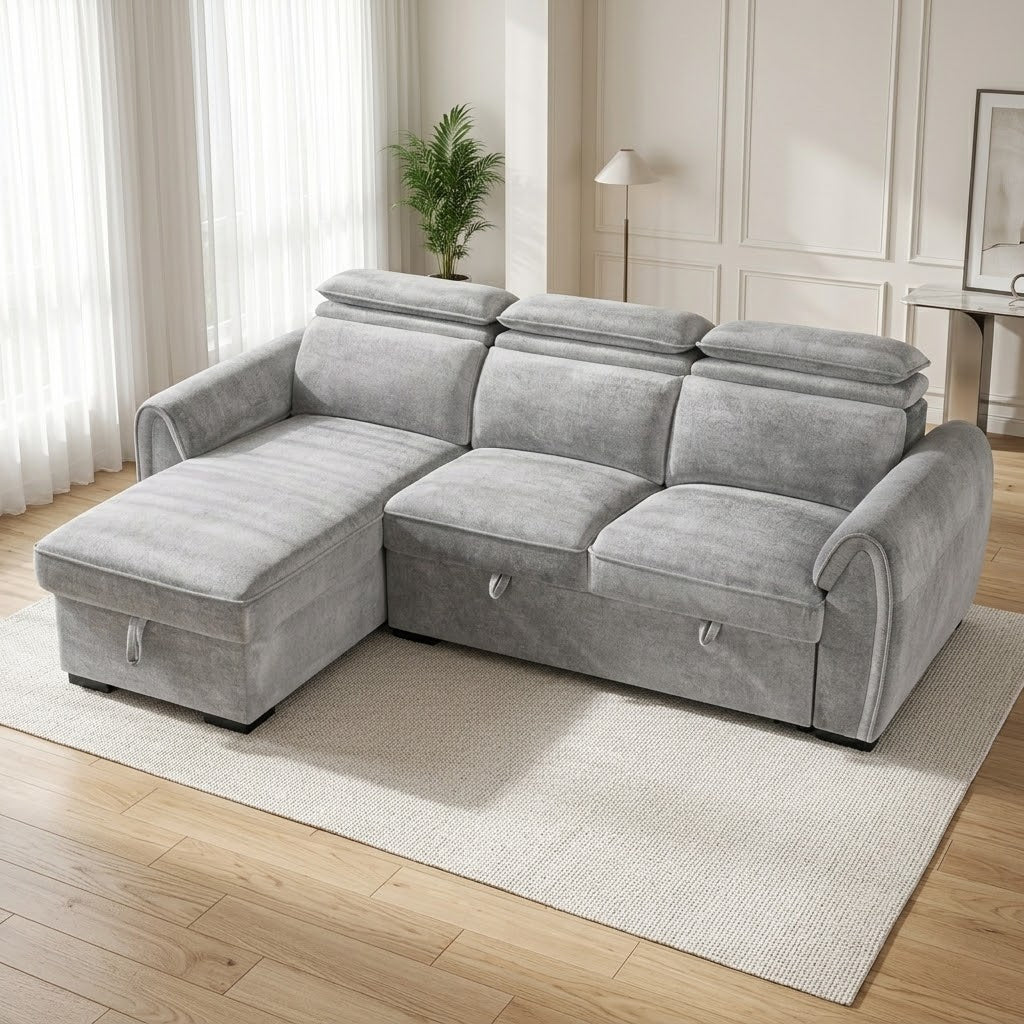 Nimbus Grey Universal Corner Sofa Bed – Adjustable Headrests, Ottoman Storage & 192×120cm Sleeping Area