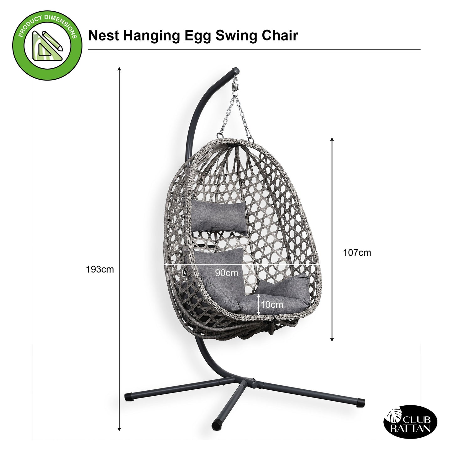Club Rattan Nest Hanging Egg Swing Chair with Stand, Thick Showerproof Cushions, for Living Room,Balcony or Outdoor, Grey Weave & Black Stand