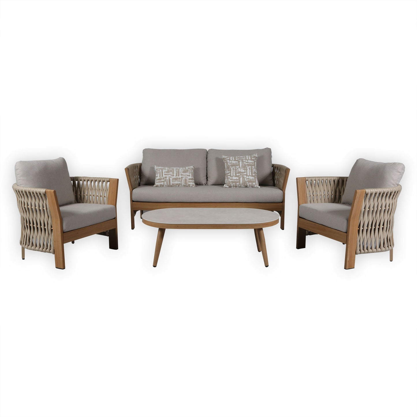 Orion Range Beige Rope & Wood-Effect Aluminium Frame Sofa Set with Beige cushions