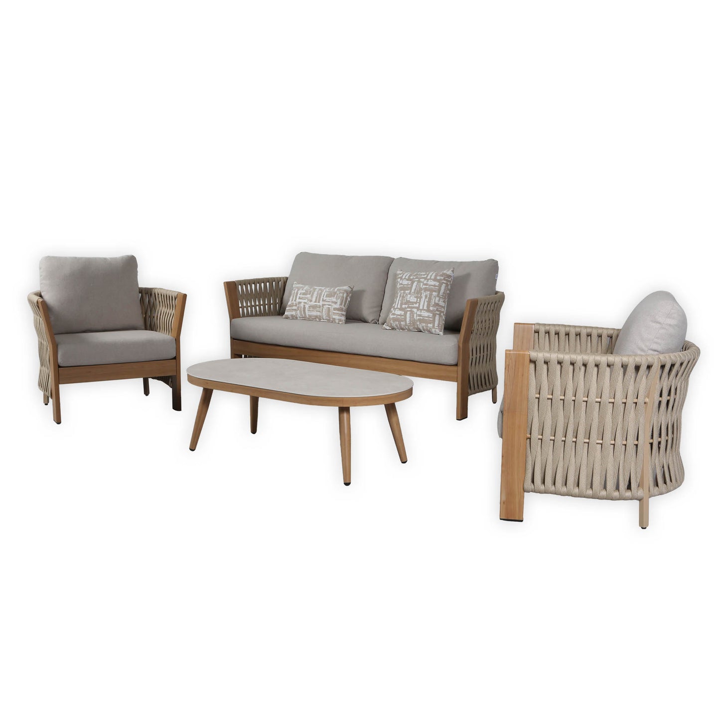Orion Range Beige Rope & Wood-Effect Aluminium Frame Sofa Set with Beige cushions