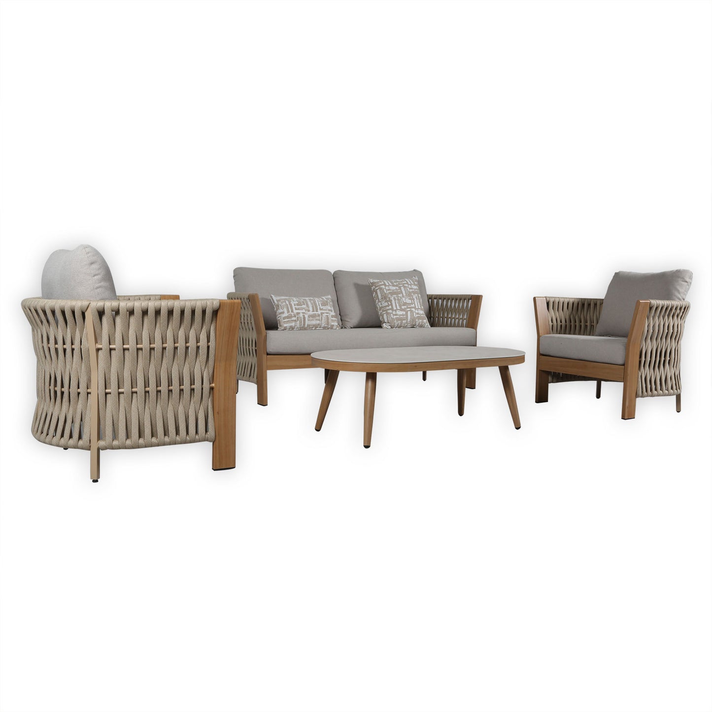 Orion Range Beige Rope & Wood-Effect Aluminium Frame Sofa Set with Beige cushions