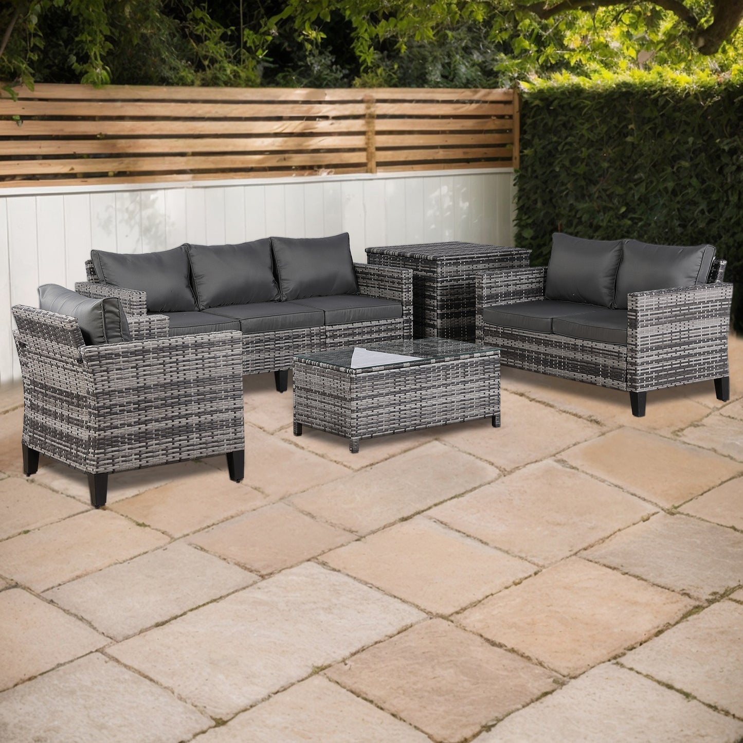 Palma Range Large Conrer Sofa Sets with Storage Box in Grey Rattan and Grey Cushions