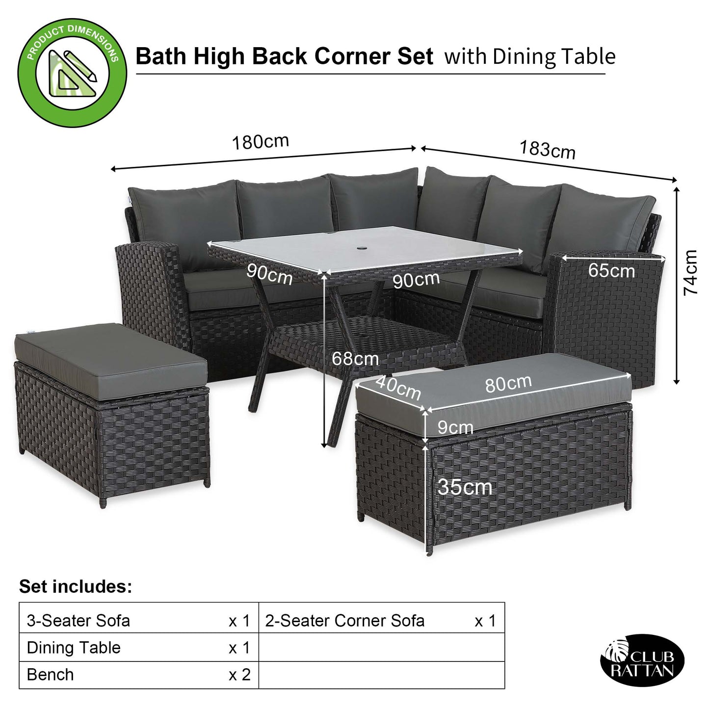 Bath High Back Range 9 Seater Rattan Garden Furniture Set | All-Weather Sofa & Dining Set with Free Rain Cover