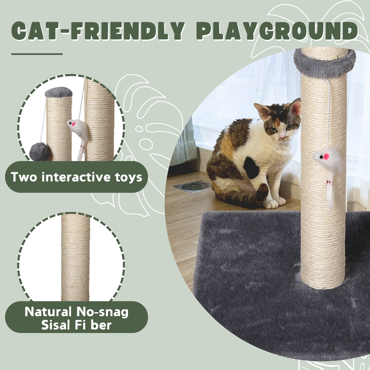 Max Mice Cat Scratching Post – Tall Sisal Scratch Tower with Hanging Ball & Mouse, Sturdy Base for Kittens & Adult Cats (Grey)