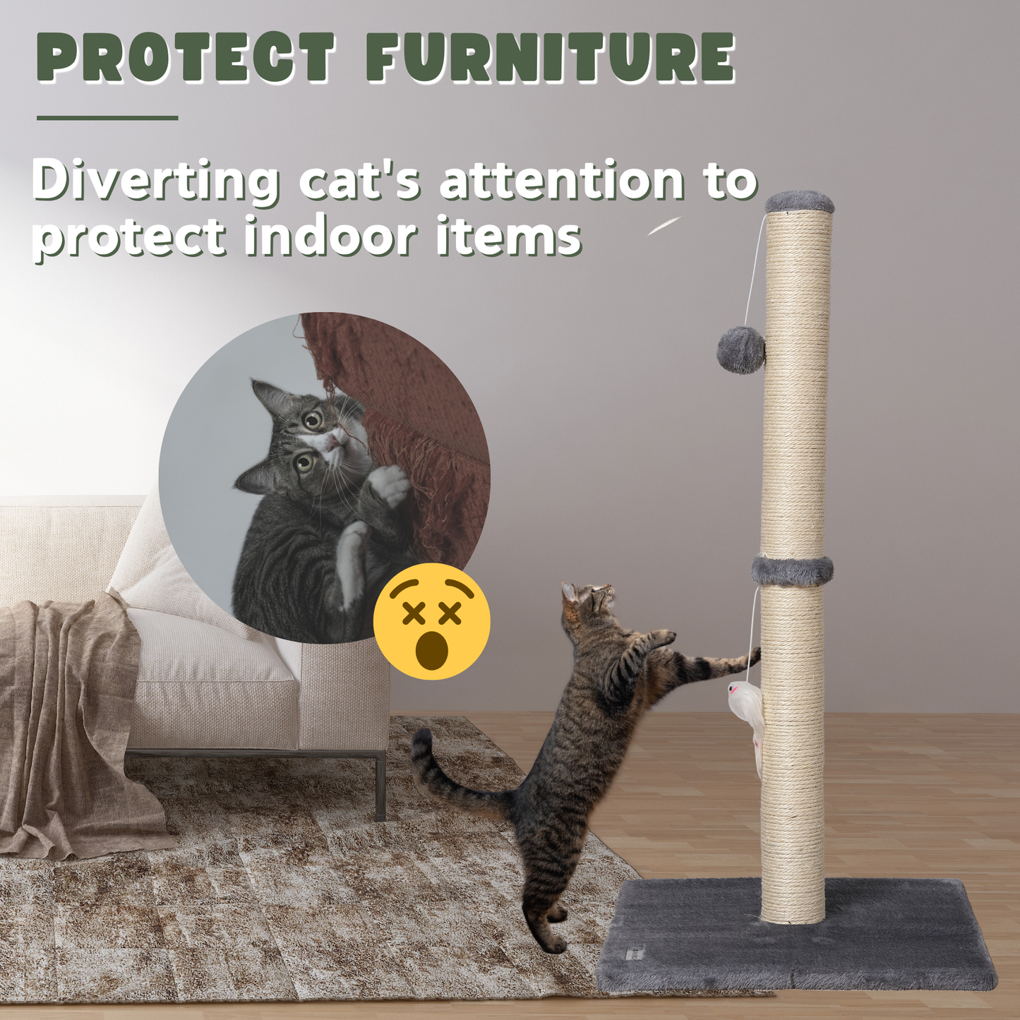 Max Mice Cat Scratching Post – Tall Sisal Scratch Tower with Hanging Ball & Mouse, Sturdy Base for Kittens & Adult Cats (Grey)