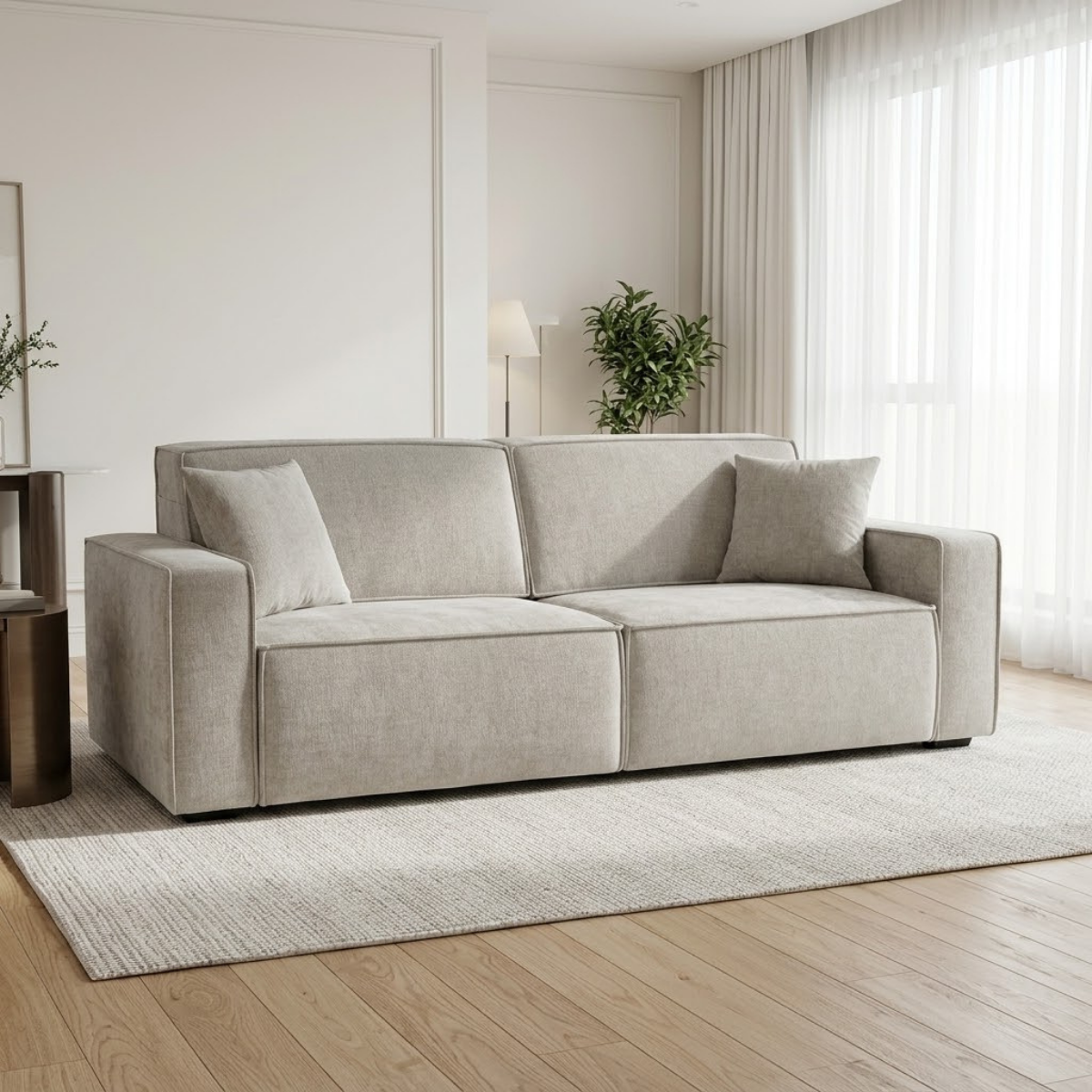 Sleek Beige Electric Sofa Bed – 3 Seater with Power Extension Mechanism & Accent Cushions