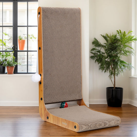 Max Mice L Shape Cat Scratching Board with Ball Toy, Cardboard Scratching,60cm High Cat Scratching Board for Indoor Cats, Protecting Furniture Scratch Pad