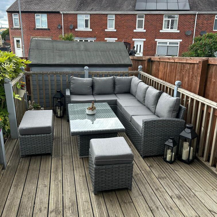 Isobella High Back Range Right Hand Corner Sofa Set with Rising Table in Preminum Grey Rattan