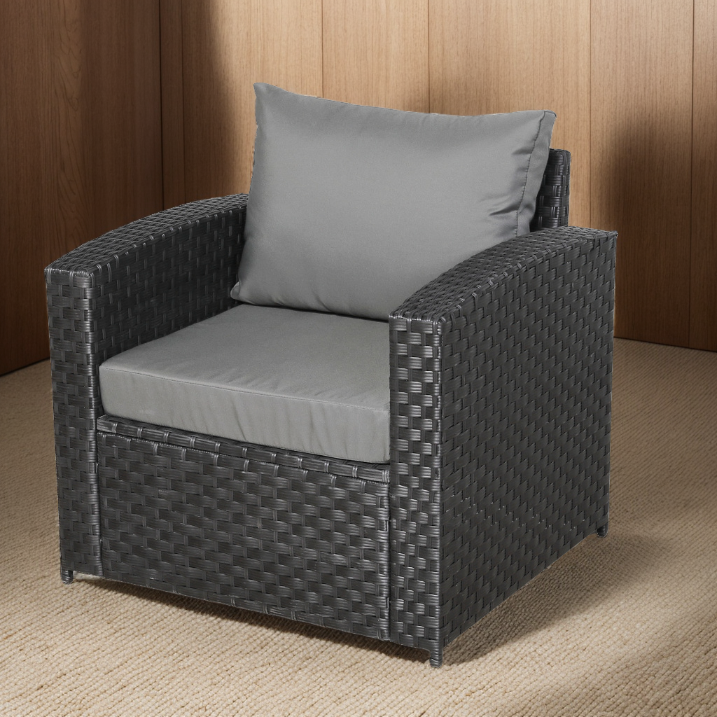 Primo Range Pair of Arm Chairs in Black Rattan and Grey Cushions