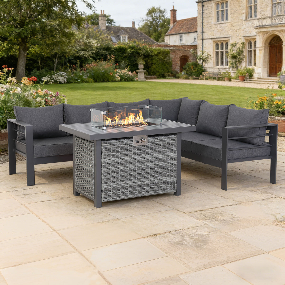 PRE ORDER - Flicker Fire Collection | Club Rattan 6‑Seater Rhf Aluminium Garden Corner Sofa Set with Gas Fire Pit Table