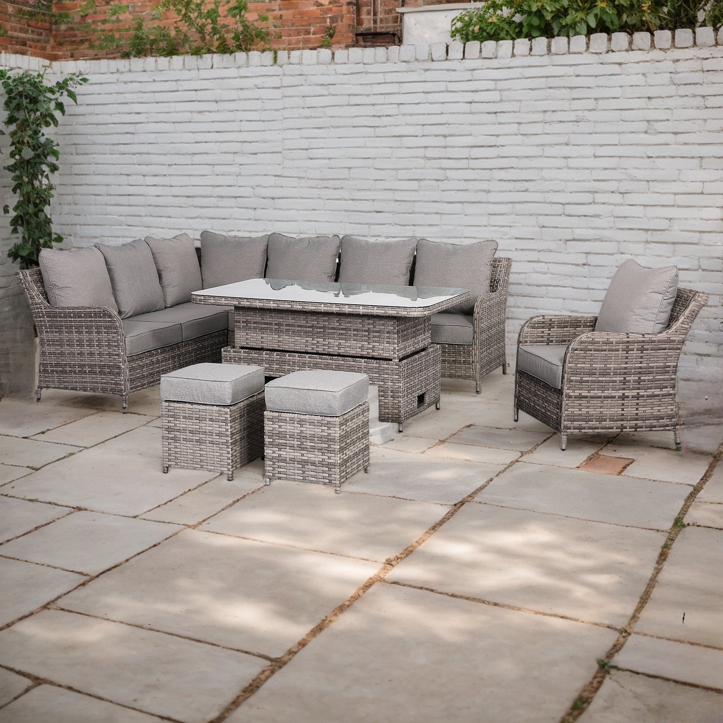 Sicily Range Aluminium Left Hand Corner Set with Rising Table and Arm Chair in Half Round Grey Weave