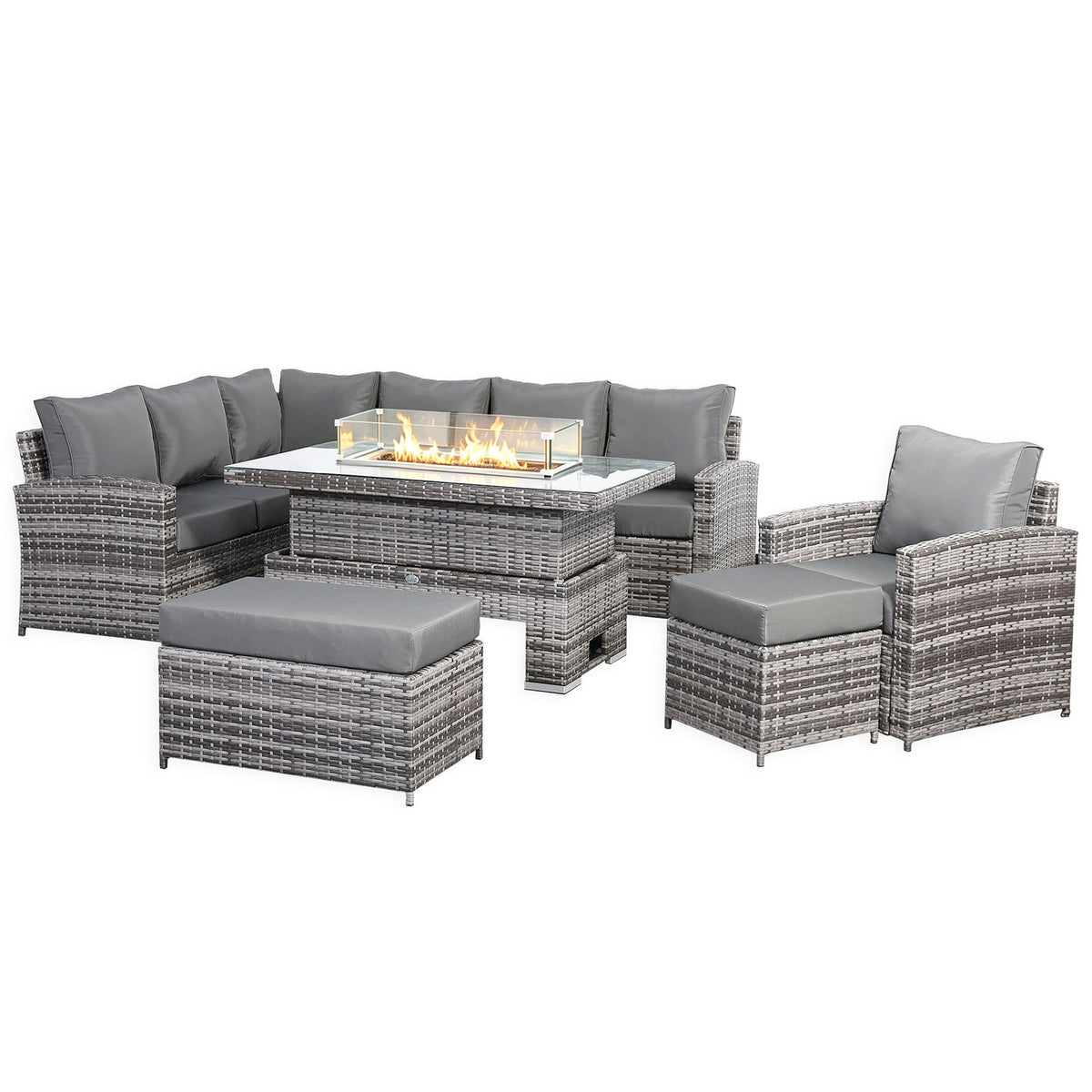 Harmony Range Elite High Back Left Hand Corner Sofa Set with Fire Pit Rising Table and Amr Chair in Grey Weave