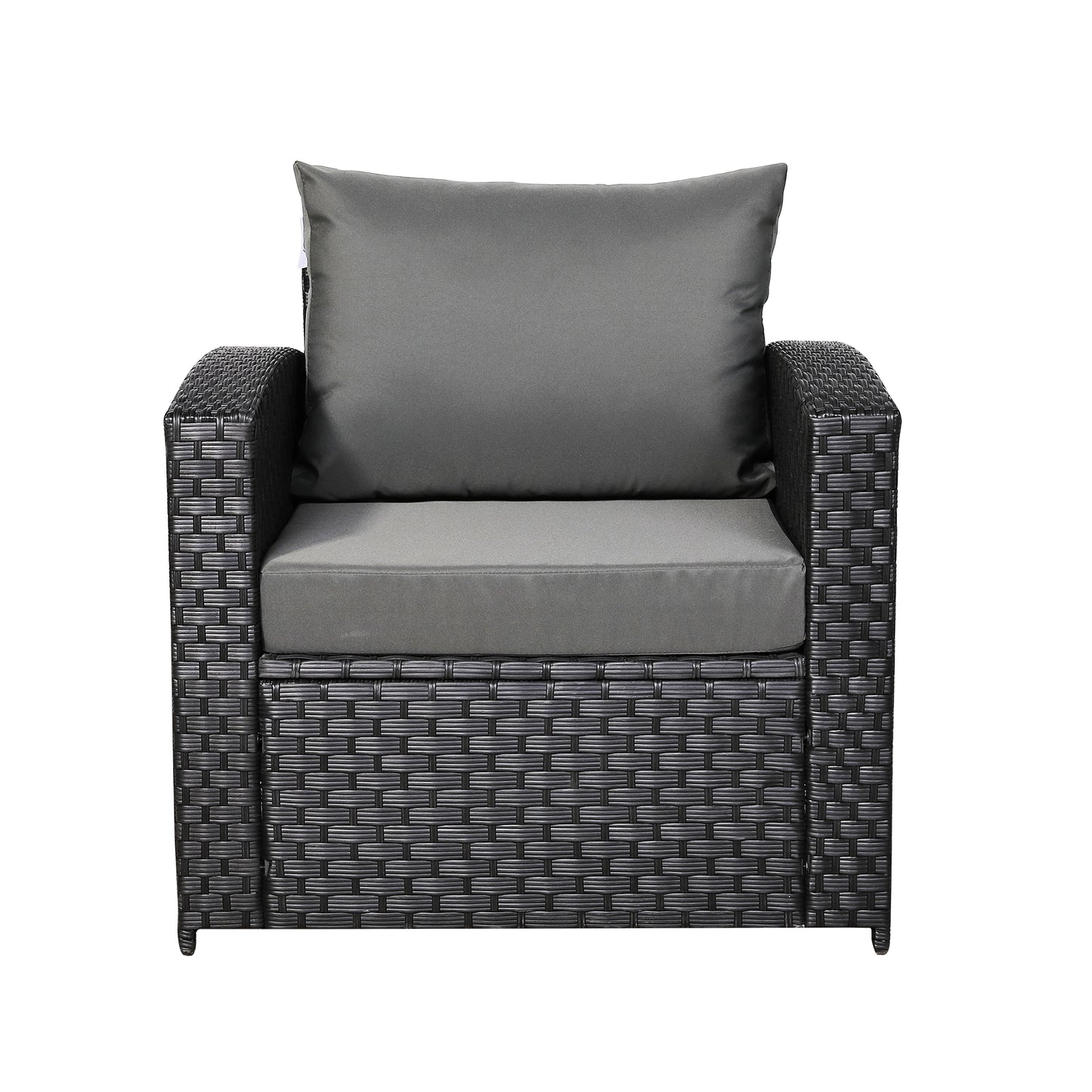 Primo Range Pair of Arm Chairs in Black Rattan and Grey Cushions