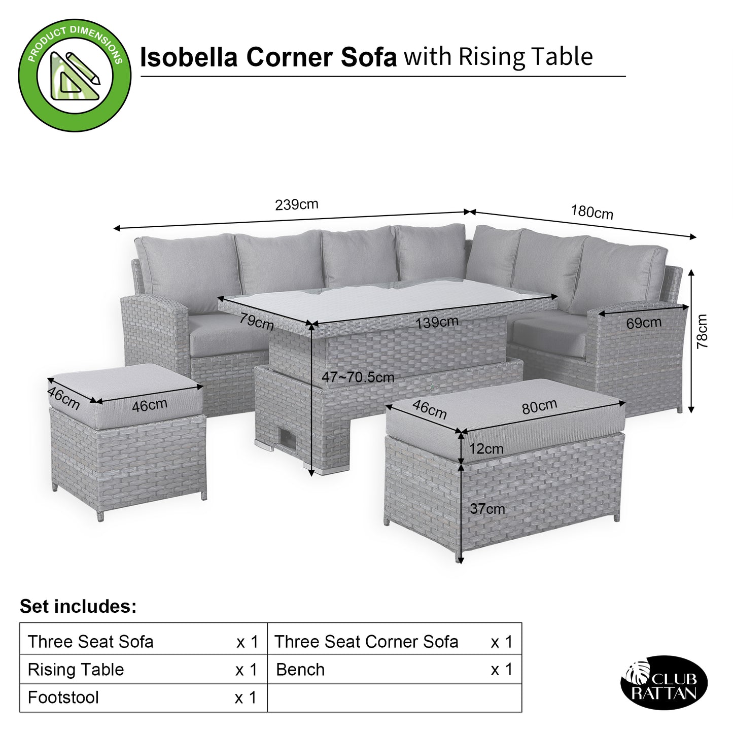 Isobella High Back Range Right Hand Corner Sofa Set with Rising Table in Preminum Grey Rattan