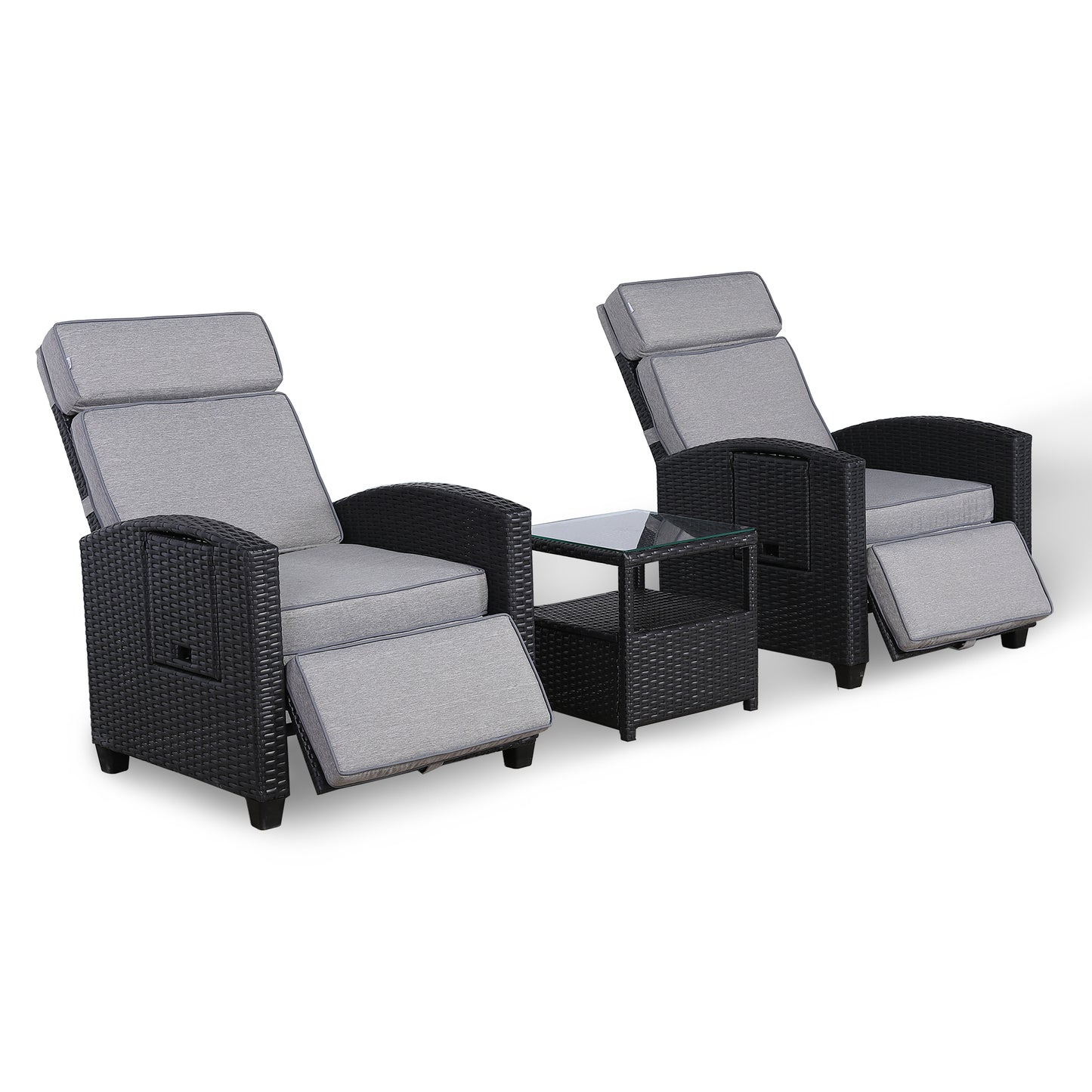 Club Rattan Wicker Reclining Chairs with Side Table, Adjustable Position Backrest Armchair with coffee tabel, 3-Piece Outdoor Furniture Set for Garden(3 colors)