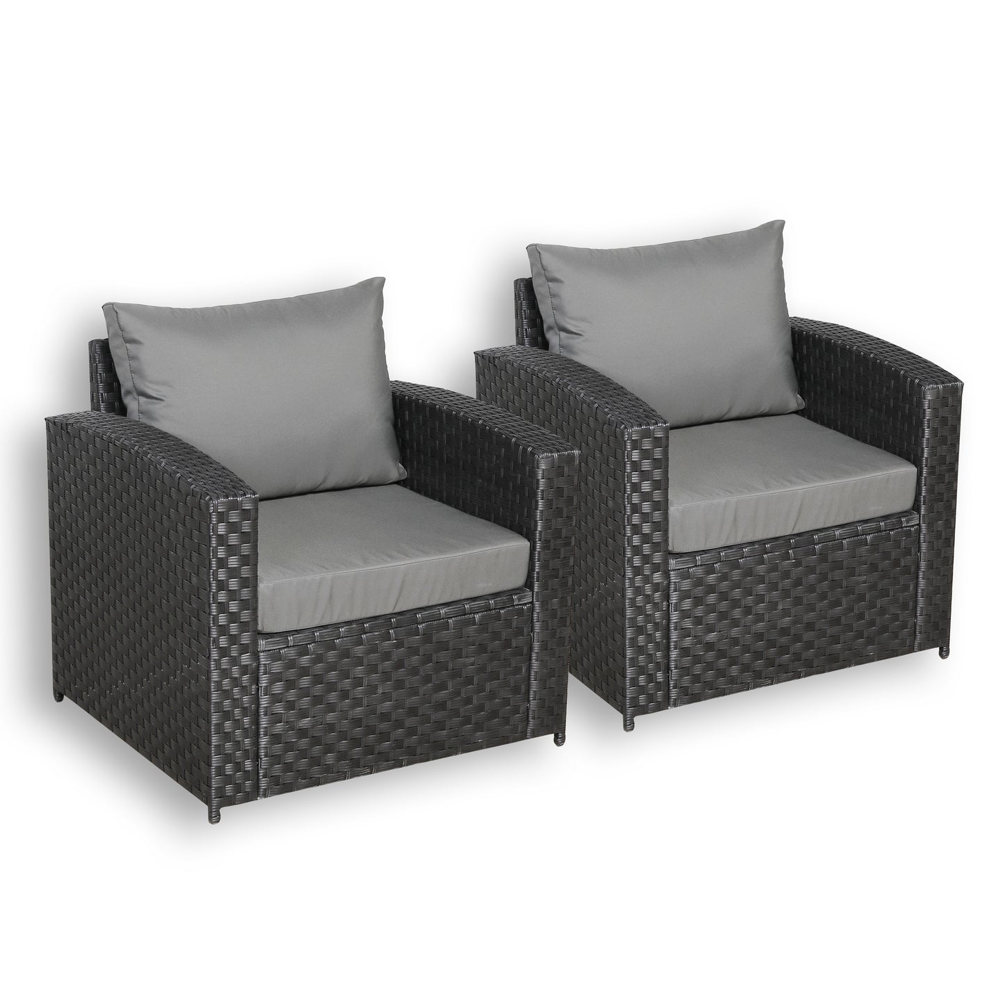 Primo Range Pair of Arm Chairs in Black Rattan and Grey Cushions
