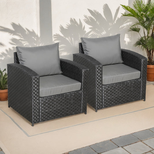 Primo Range Pair of Arm Chairs in Black Rattan and Grey Cushions