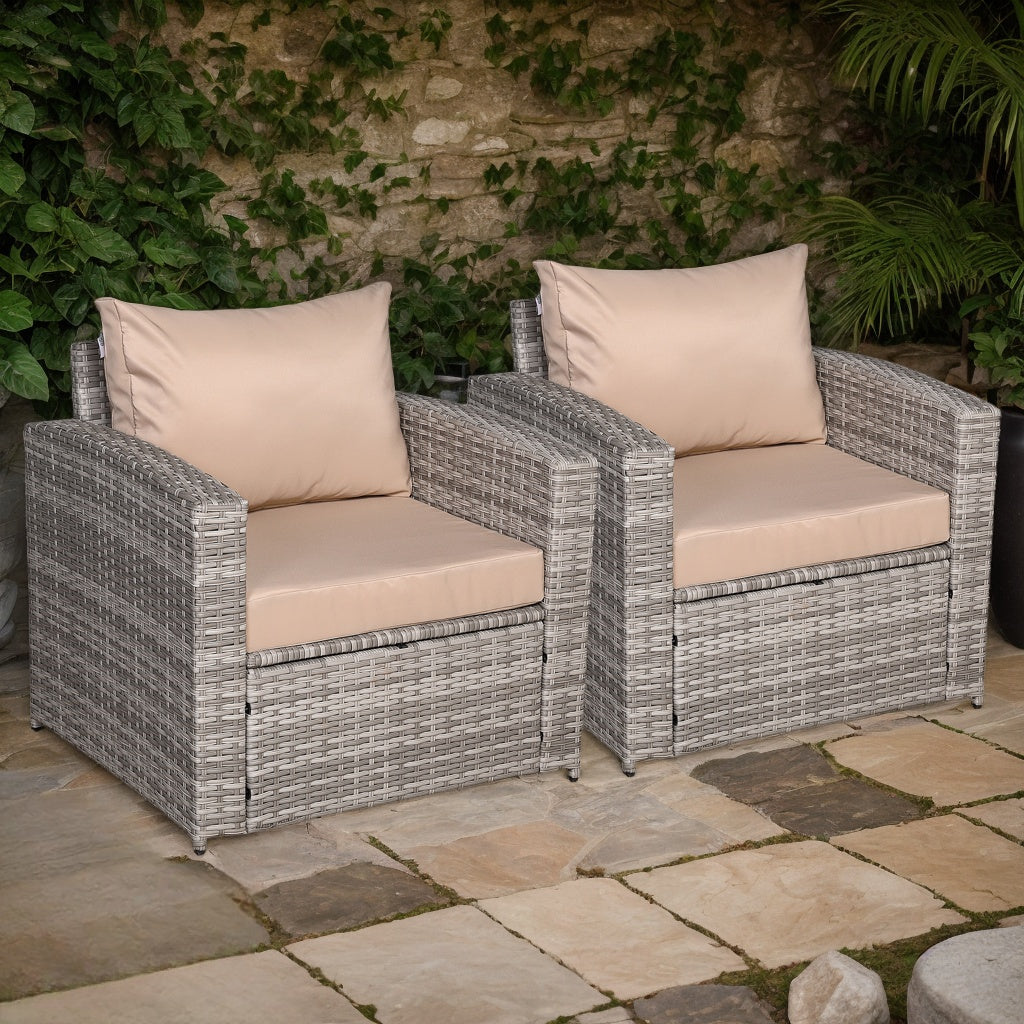 Ashley Range Pair of Arm Chairs in Light Grey Rattan and Beige Cushions