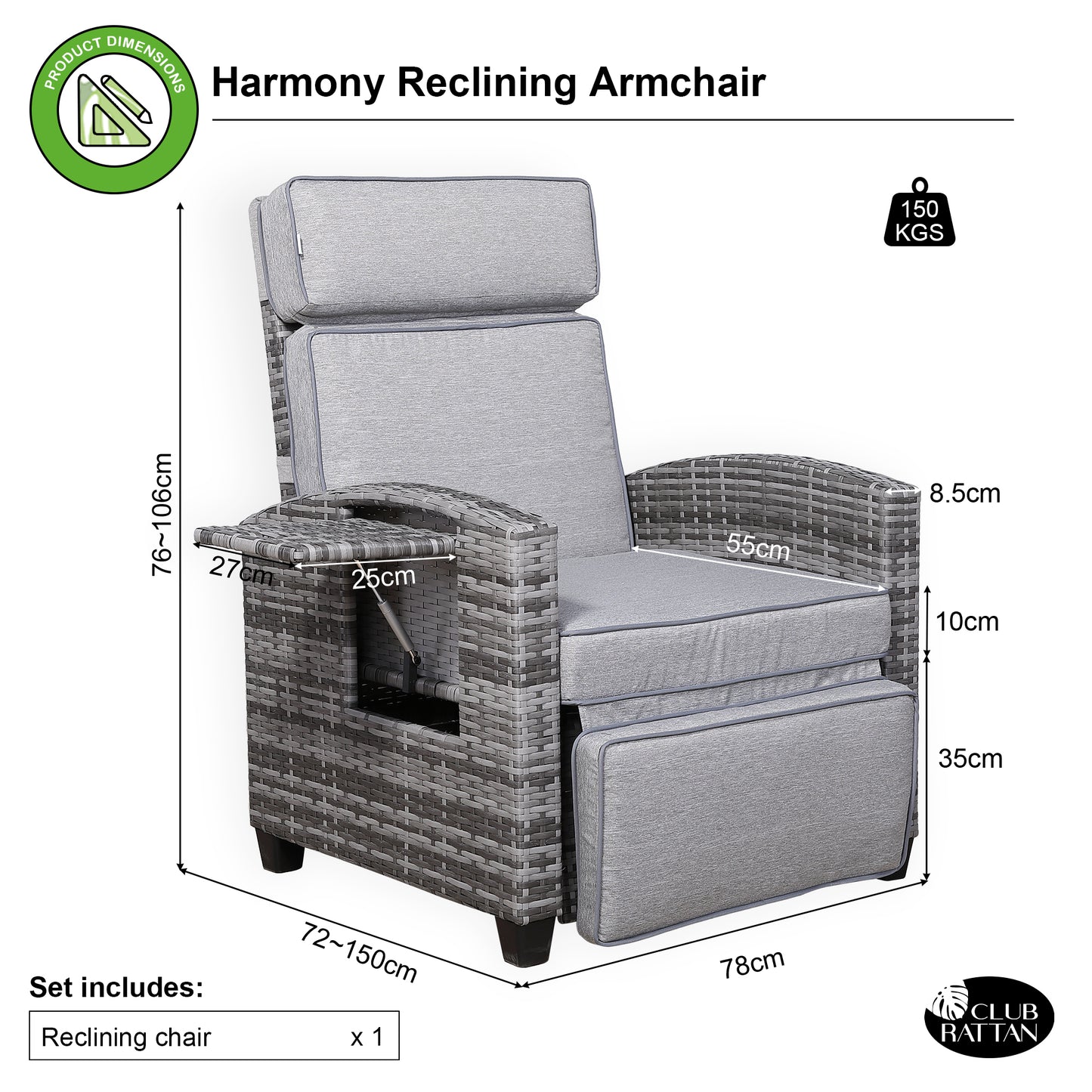 Harmony Range Reclining Armchair with Flip Table in Grey Weave and Grey Cushion