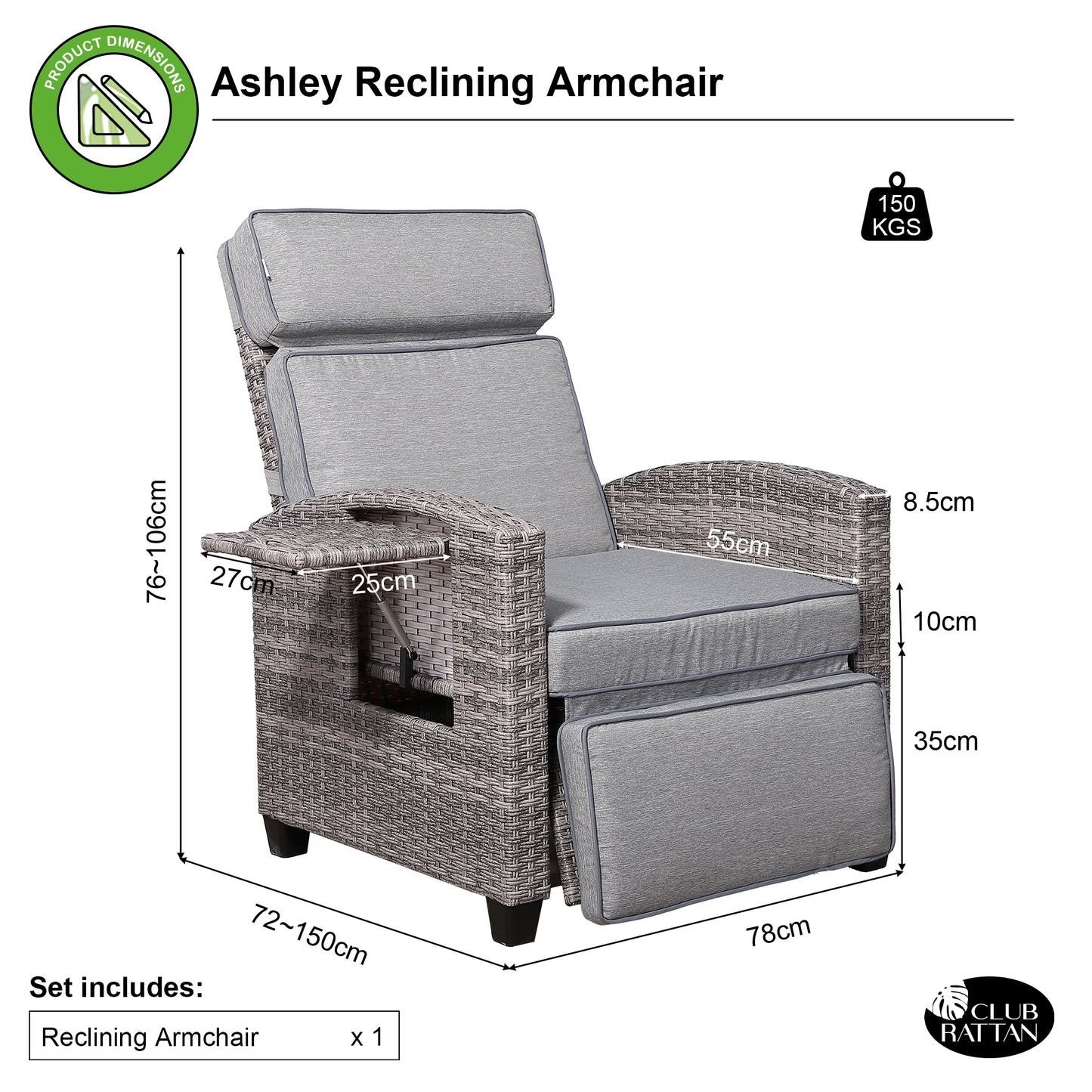 Rose Range Reclining Armchair with Flip Table in Grey Weave and Grey Cushion