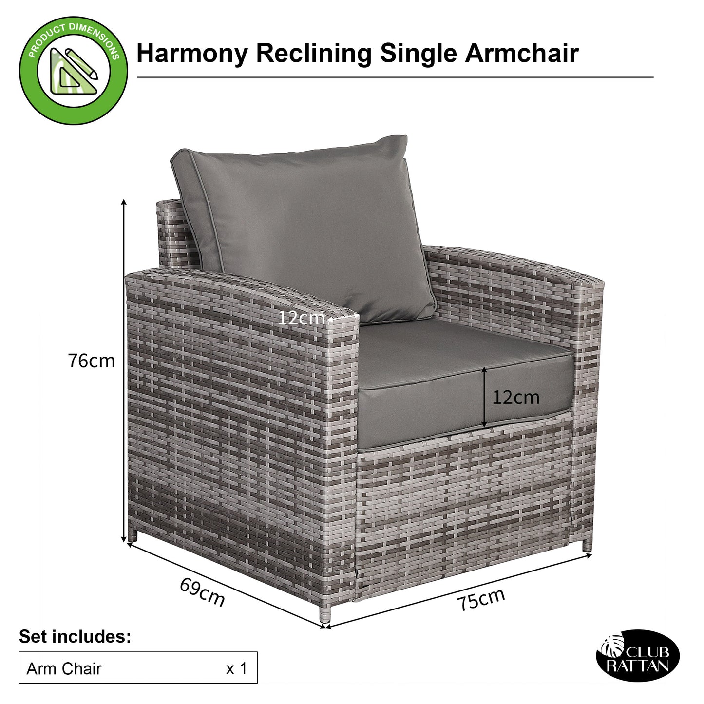 Harmony Single Arm Chair in Grey Rattan and Grey Cushions