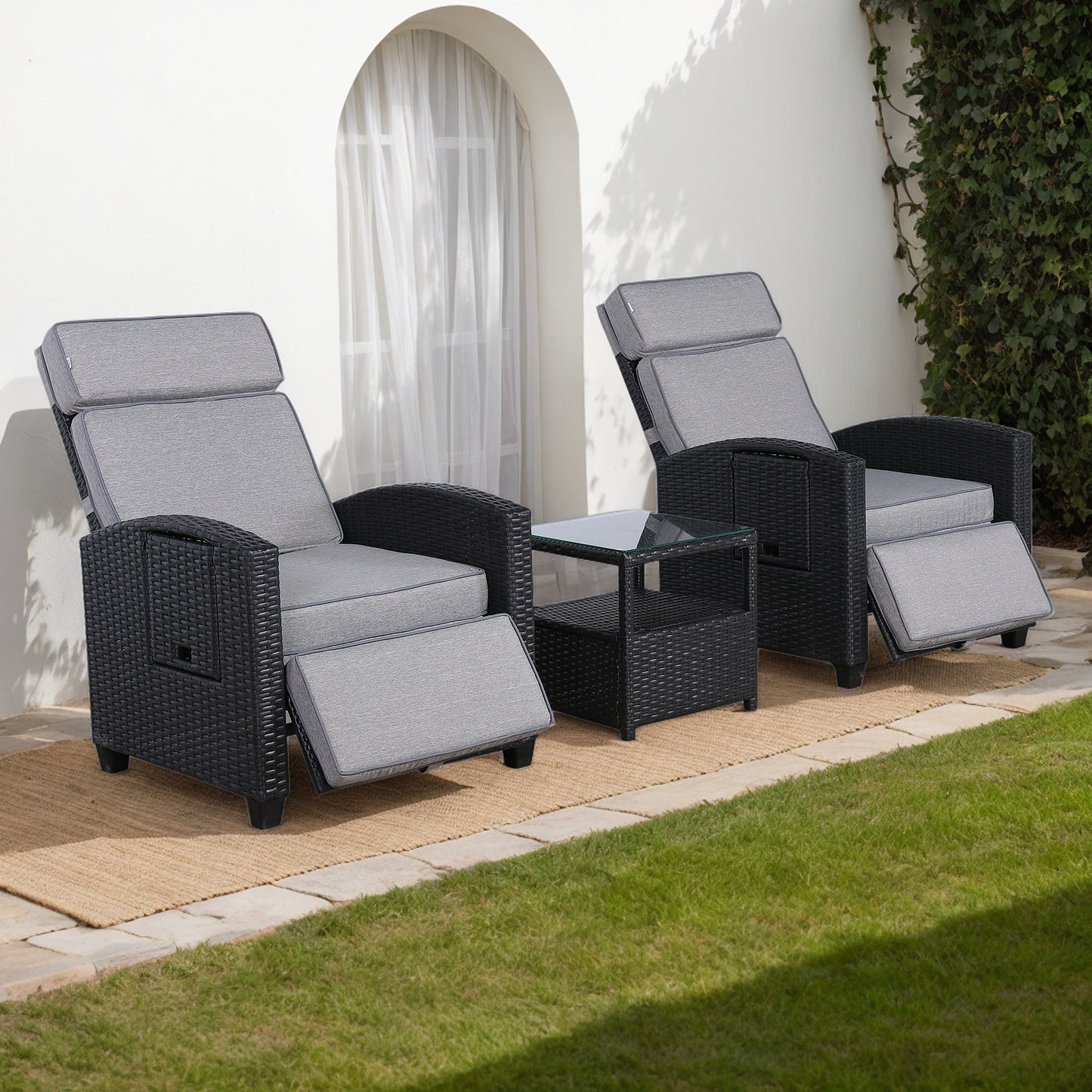 Club Rattan Wicker Reclining Chairs with Side Table, Adjustable Position Backrest Armchair with coffee tabel, 3-Piece Outdoor Furniture Set for Garden(3 colors)