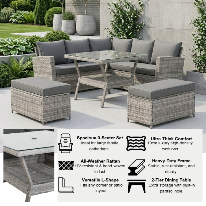 Bristol Range 9 Seater Rattan Garden Furniture Set | All-Weather Sofa & Dining Set with Free Rain Cover