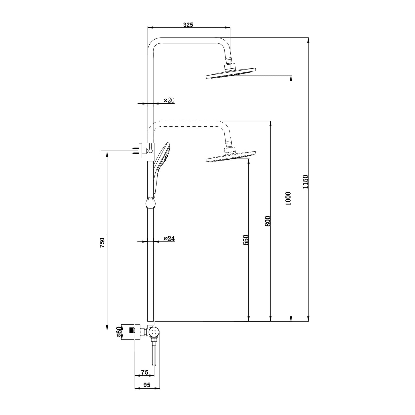 Thermostatic Shower Valve, Fixed Head & Handset Shower Set - Matt Black