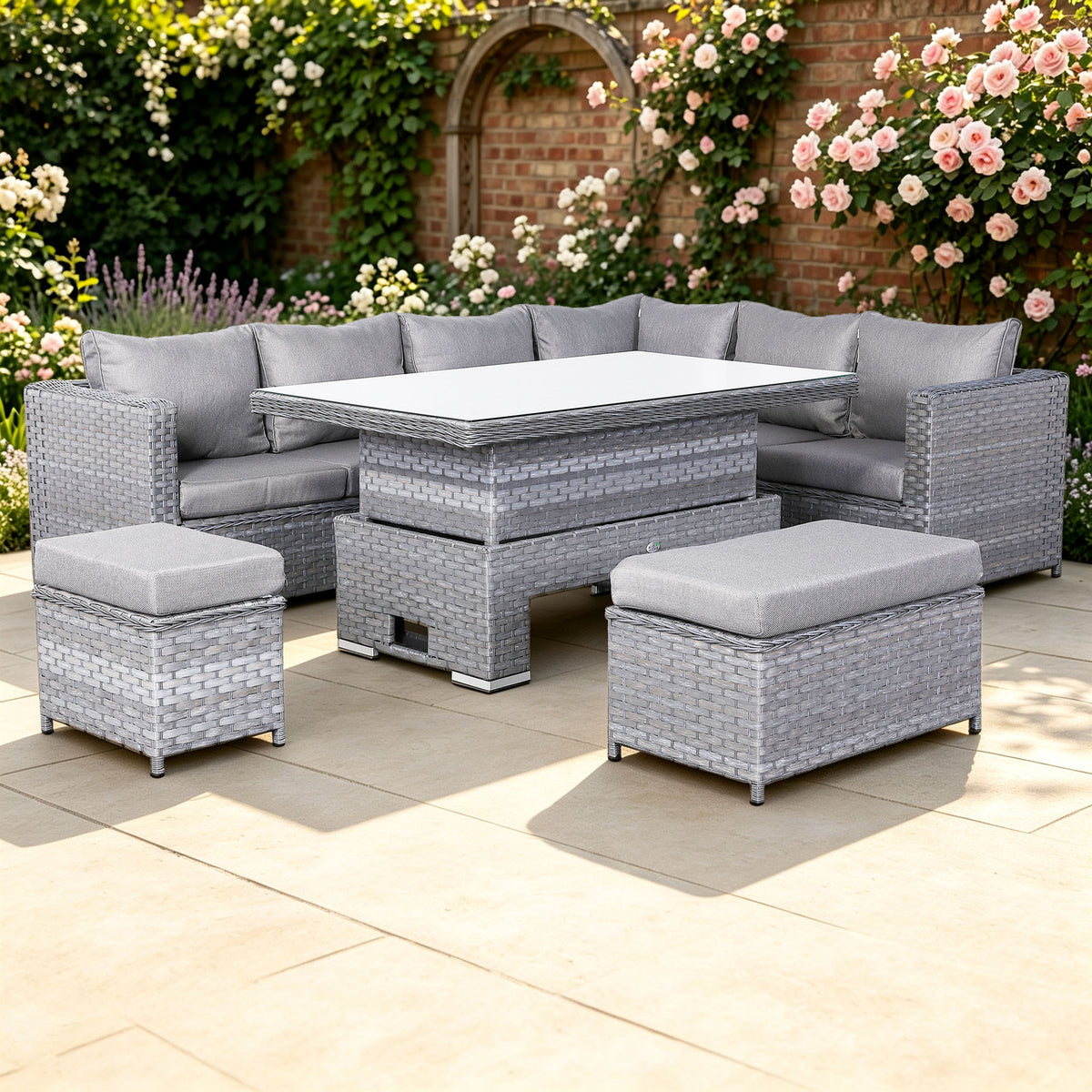 Isobella Range Right Hand Corner Sofa Set with Rising Table in Slate Grey Weave