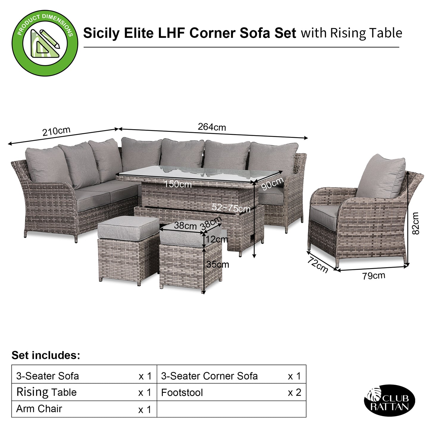 Sicily Range Aluminium Left Hand Corner Set with Rising Table and Arm Chair in Half Round Grey Weave