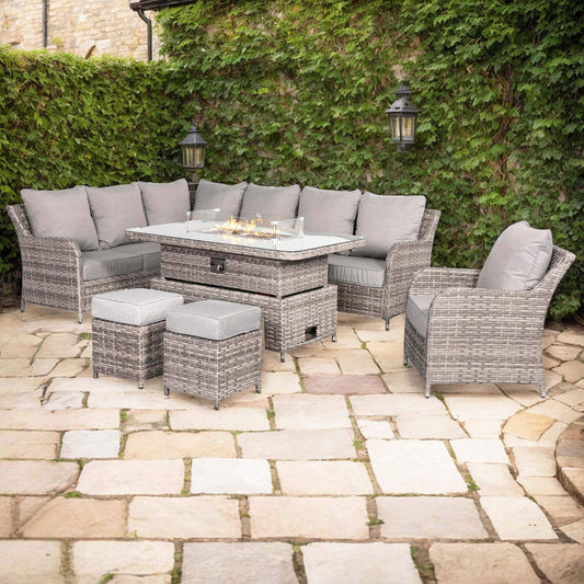 Sicily Range Aluminium Left Hand Corner Set with Fire Pit Rising Table and Arm Chair in Grey Weave