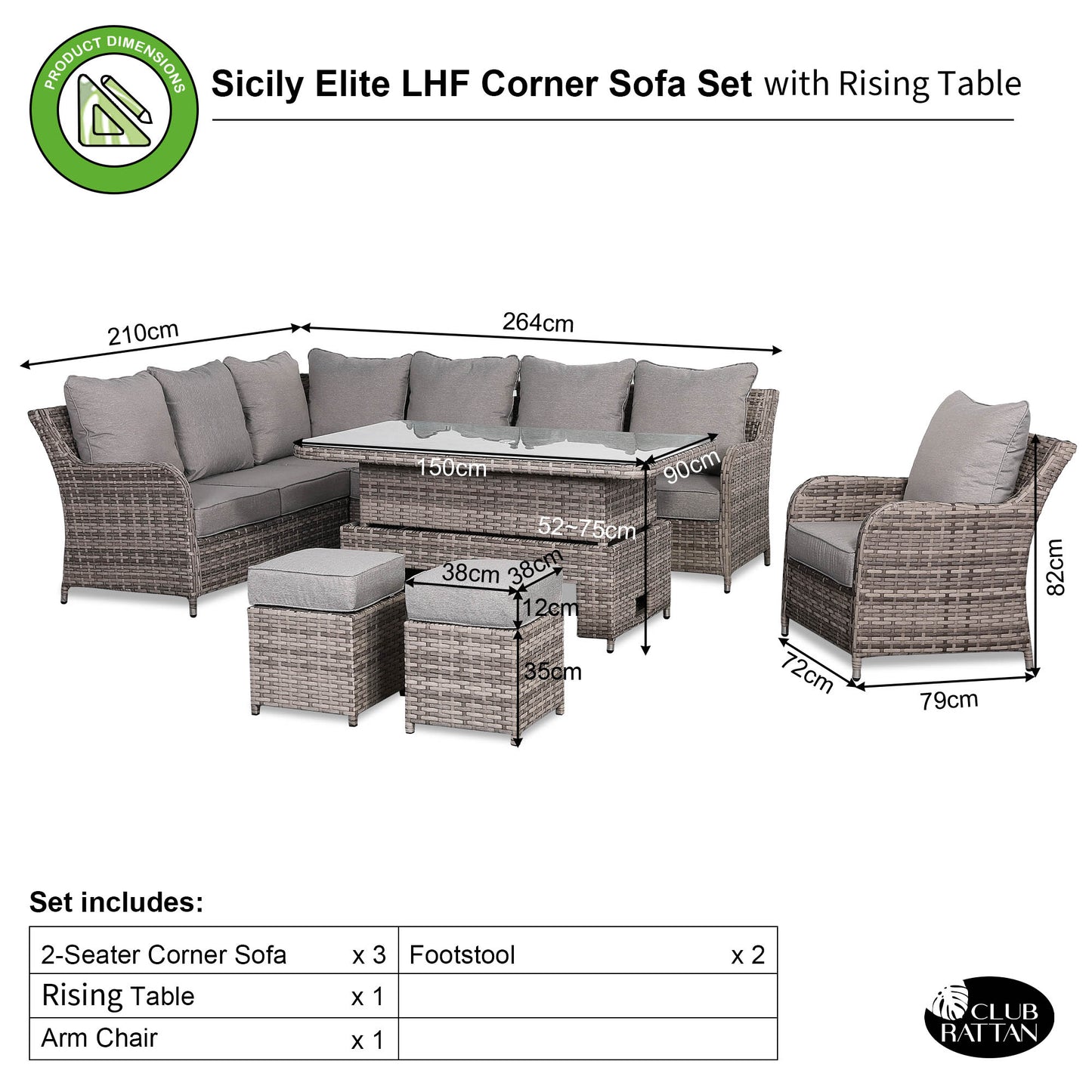 Sicily Range Aluminium Left Hand Corner Set with Rising Table and Arm Chair in Rustic Grey Weave