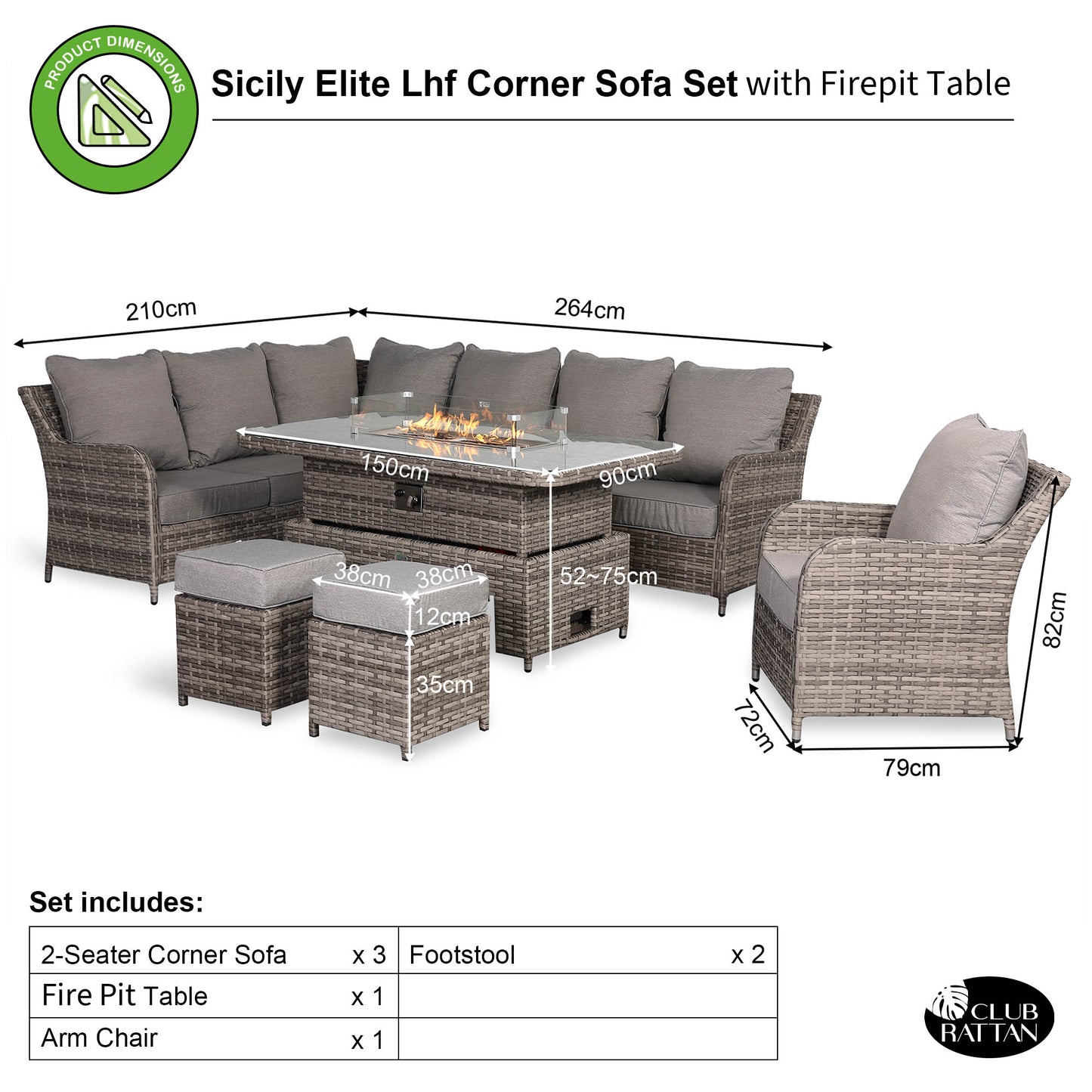 Sicily Range Aluminium Left Hand Corner Set with Fire Pit Rising Table and Arm Chair in Rustic Grey Weave