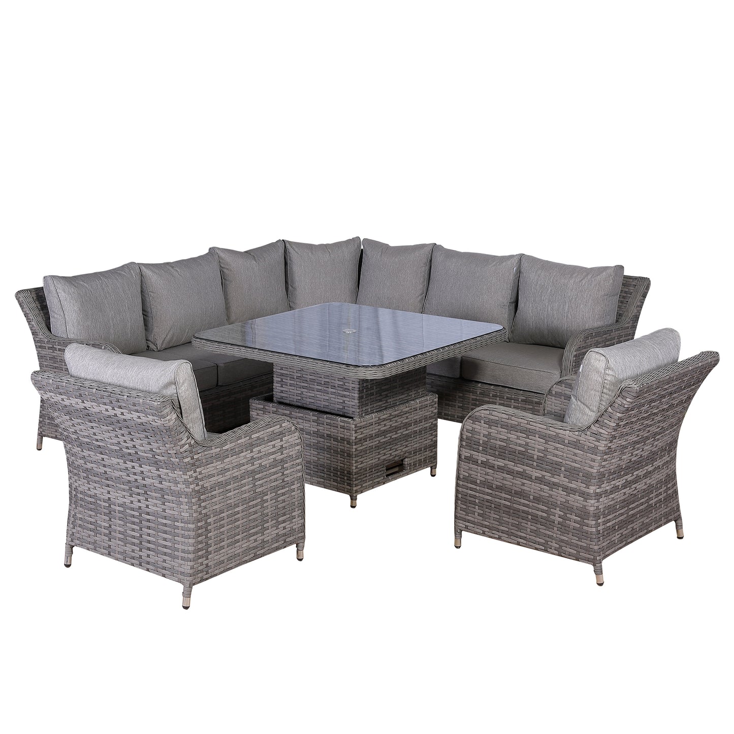 Sicily Range Aluminium Round Corner Set with Rising Table and Two Chairs in Grey Weave