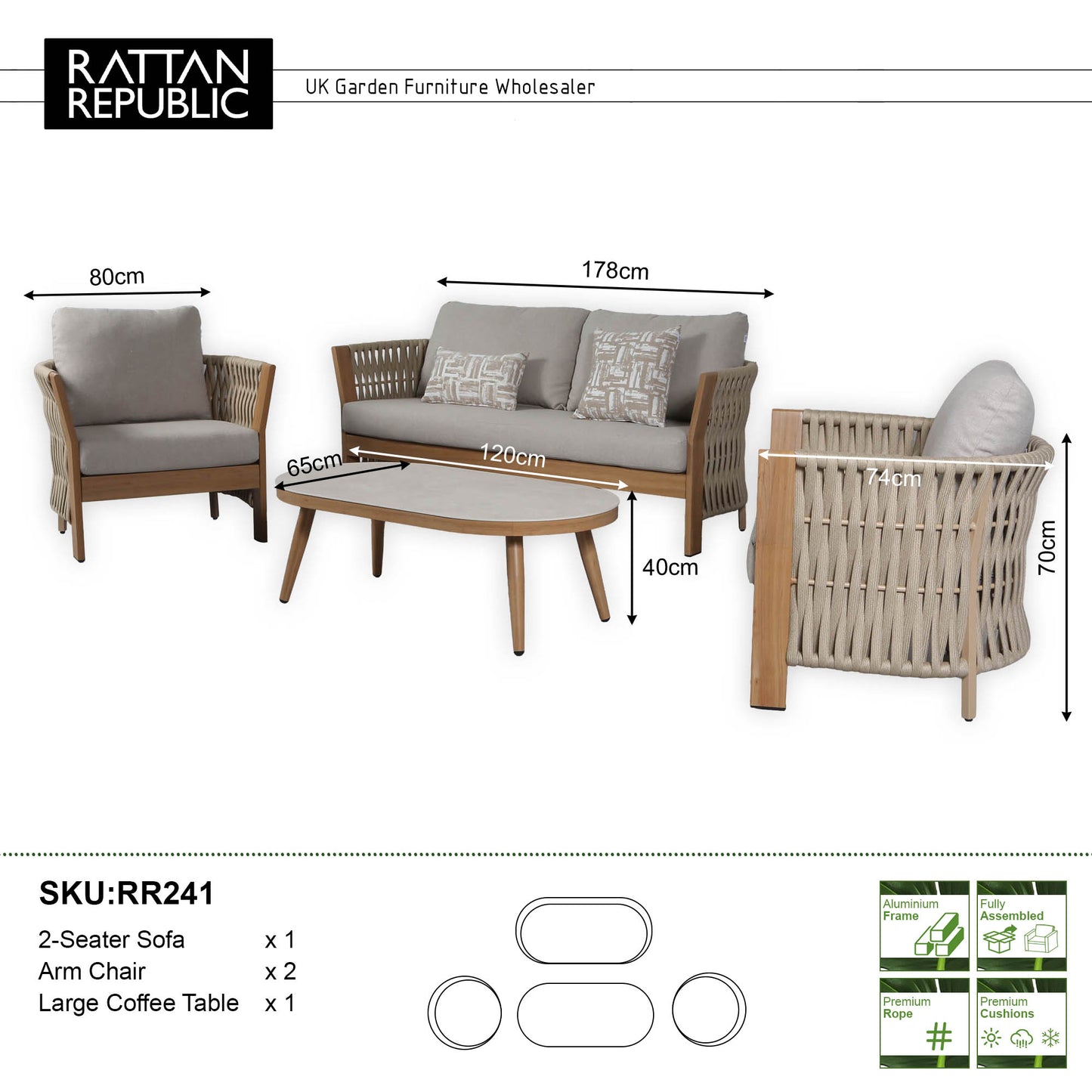 Orion Range Beige Rope & Wood-Effect Aluminium Frame Sofa Set with Beige cushions