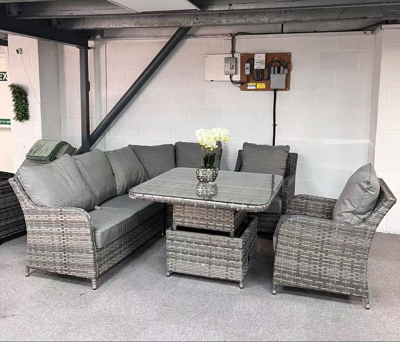Clearance in shop- Sale as shown--Sicily Range Aluminium Round Corner Set with Rising Table and Two Chairs in Grey Weave