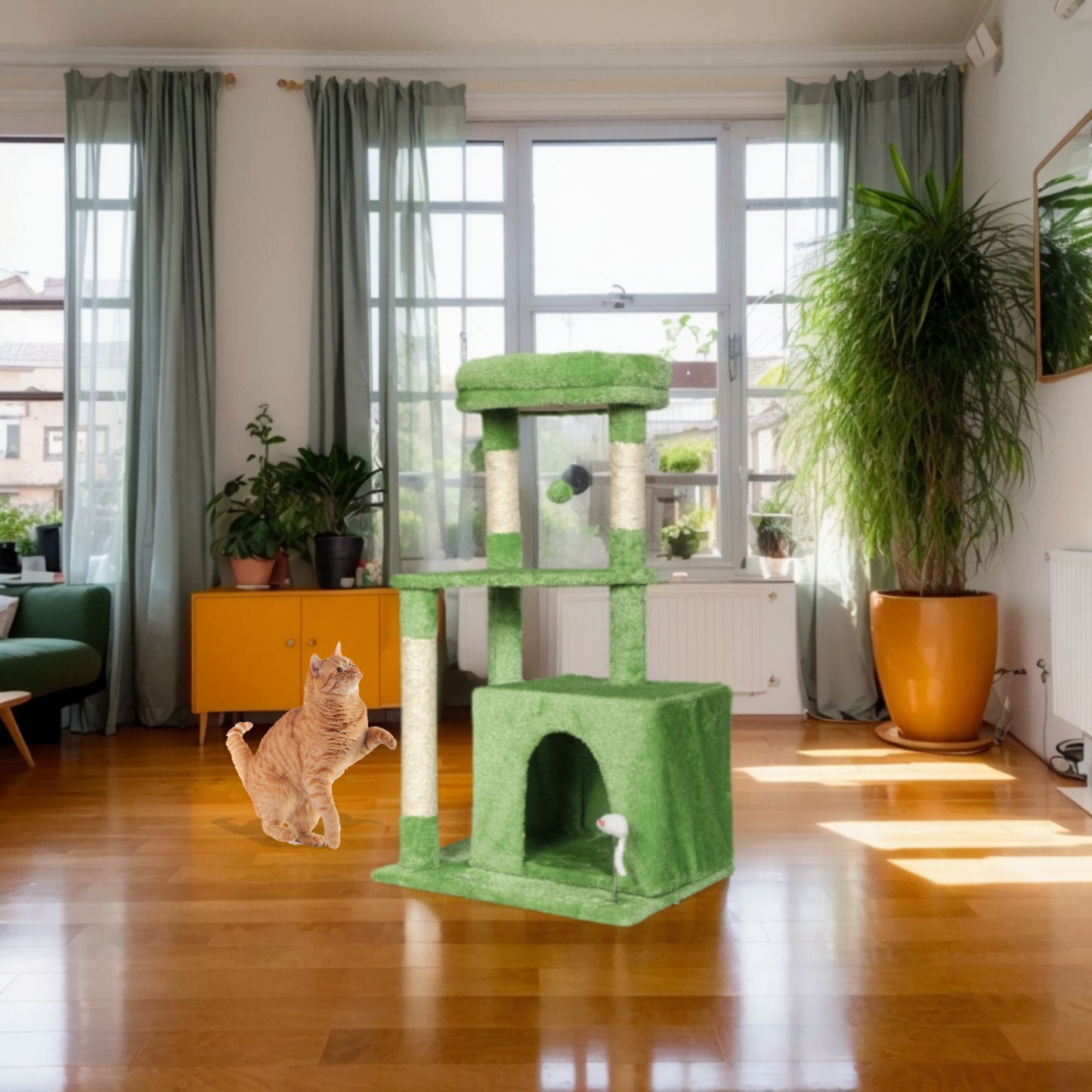 Max Mice Tree Tower Scratching Posts Multilevel Cat Climbing House with Condos & Ladder Cat Activity Centre for Indoor Cats, Green