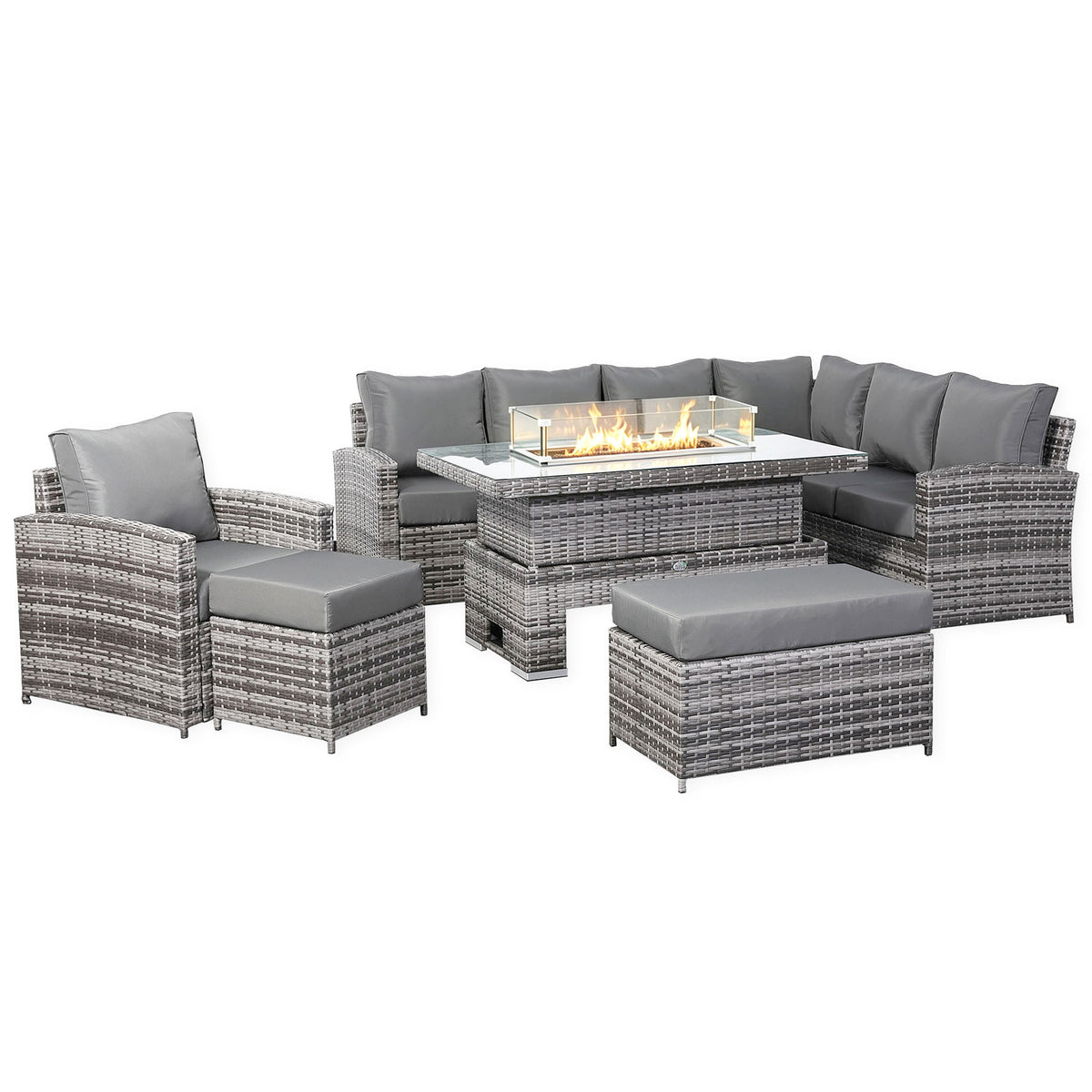 Harmony Range Elite High Back Right Hand Corner Sofa Set with Fire Pit Rising Table and Arm Chair in Grey Weave