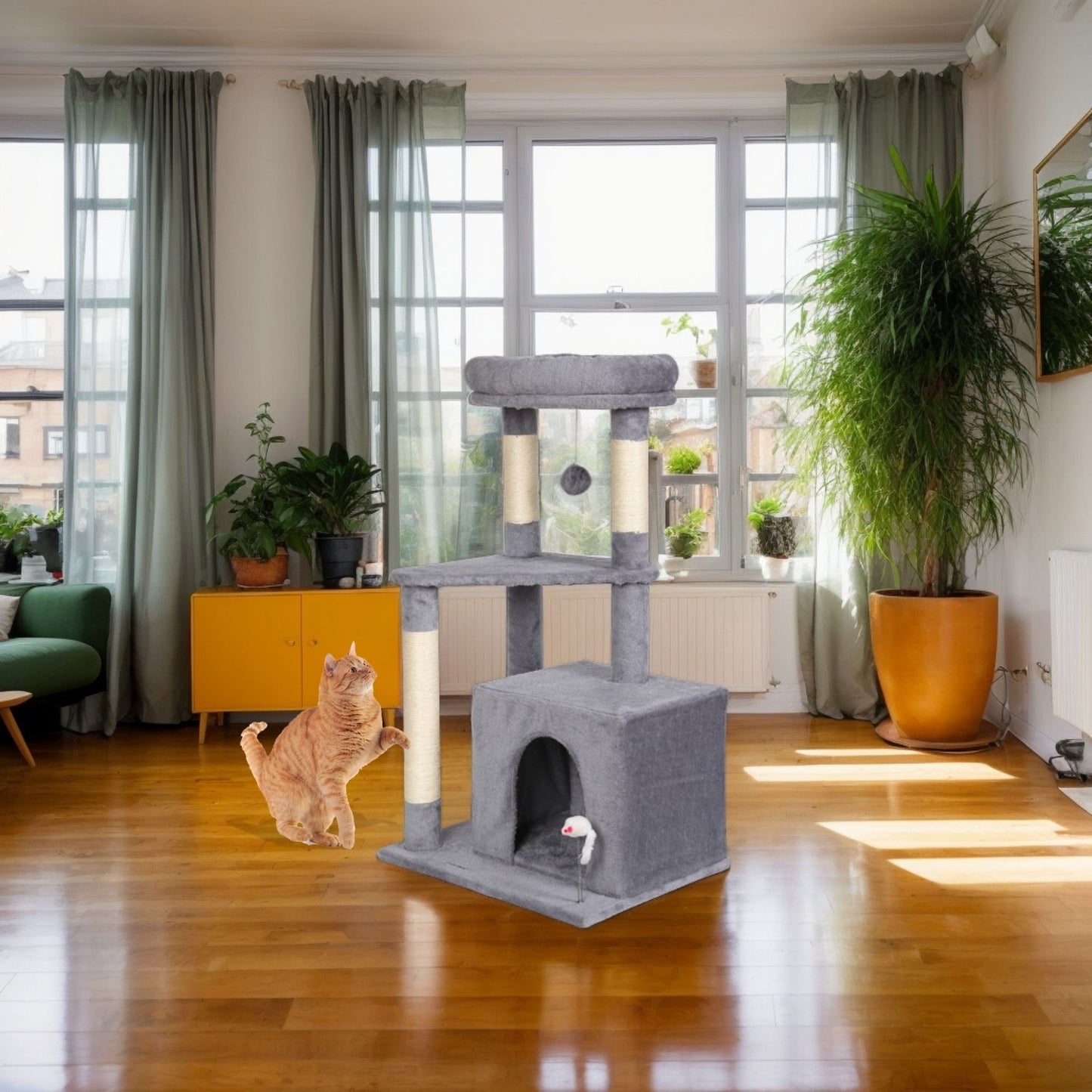 Max Mice Tree Tower Scratching Posts Multilevel Cat Climbing House with Condos & Ladder Cat Activity Centre for Indoor Cats, Grey