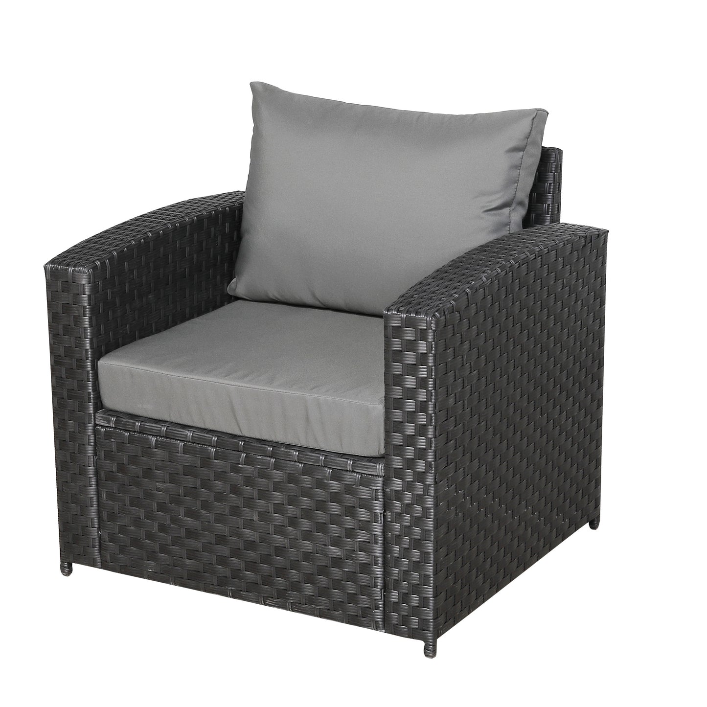 Primo Range Pair of Arm Chairs in Black Rattan and Grey Cushions