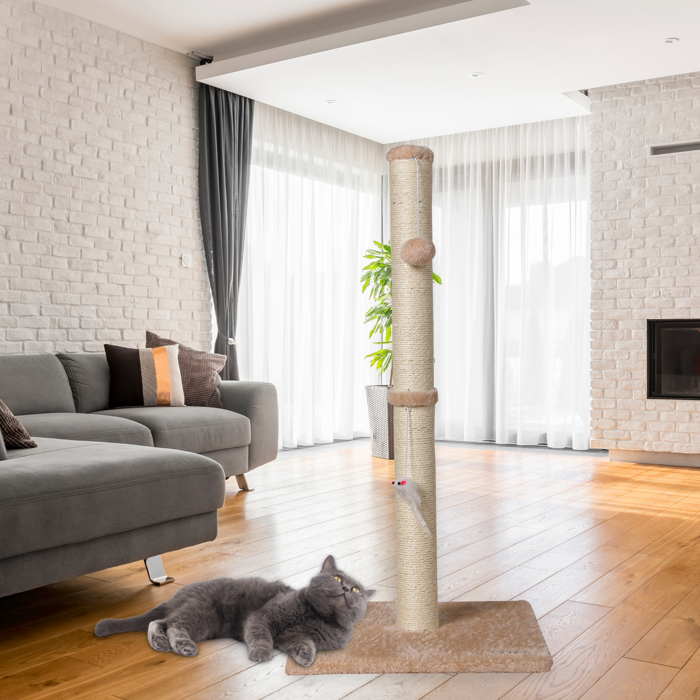 Max Mice Cat Scratching Post – Tall Sisal Scratch Tower with Hanging Ball & Mouse, Sturdy Base for Kittens & Adult Cats (Beige)