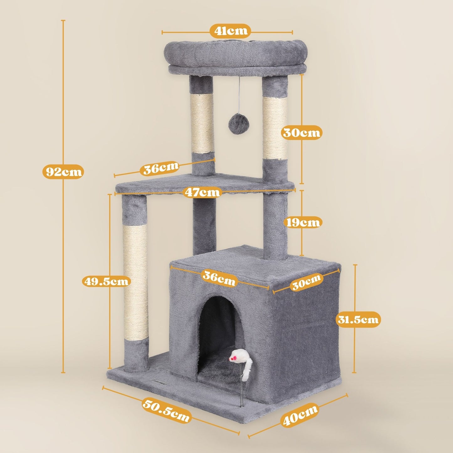 Max Mice Tree Tower Scratching Posts Multilevel Cat Climbing House with Condos & Ladder Cat Activity Centre for Indoor Cats, Grey