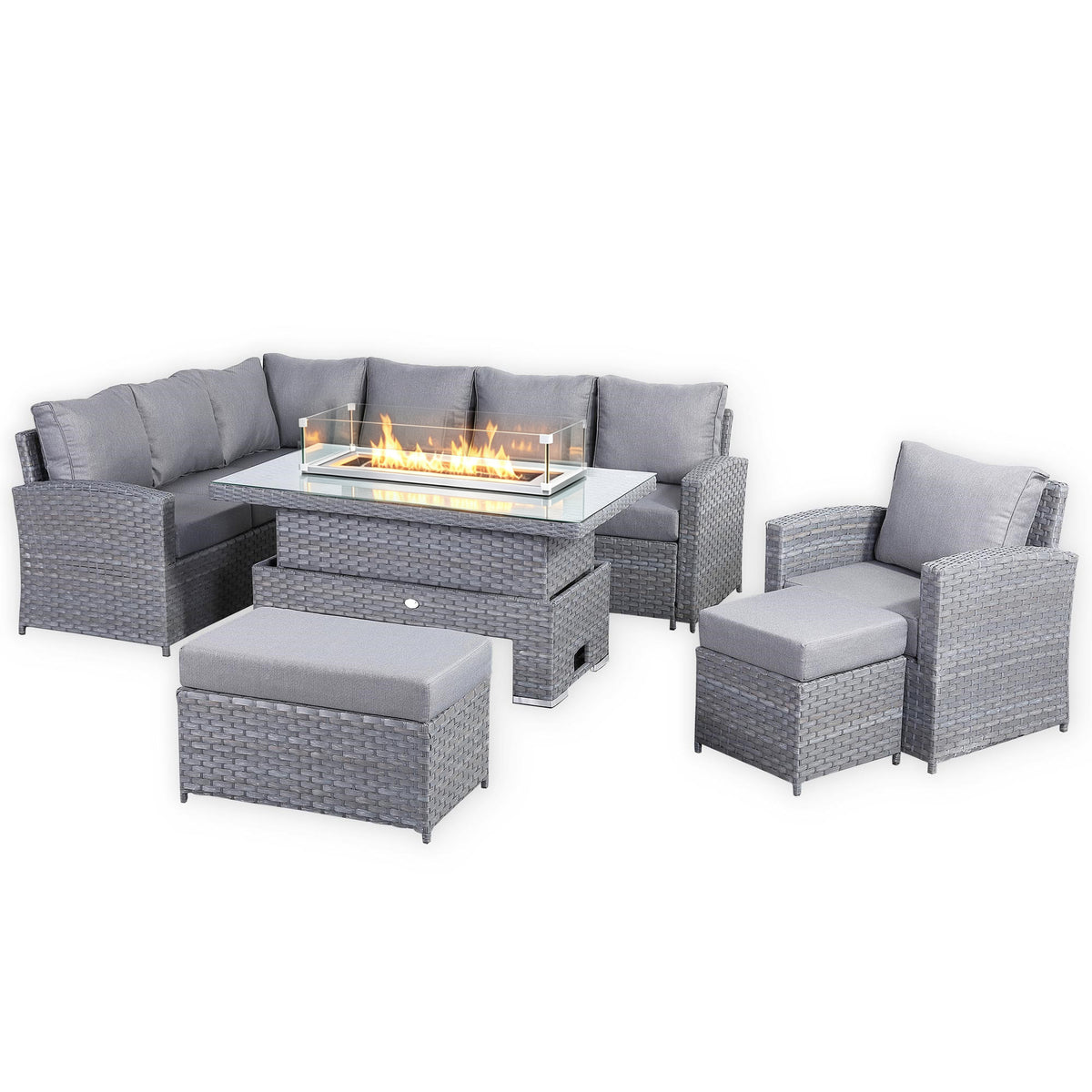 Isobella 10 Seater Elite Left Hand Corner Sofa Set with Fire Pit Rising Table and Arm Chair in Grey Rattan