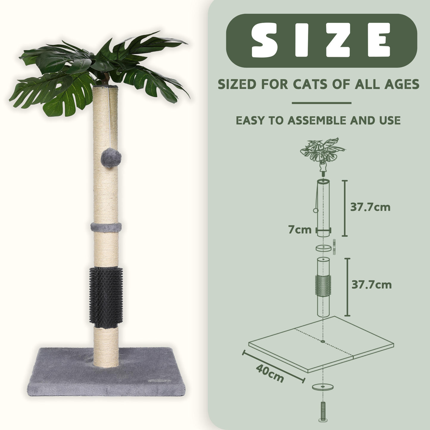 Max Mice  Cat Scratching Post, 80cm Kitten Scratching Post with Premium Sisal Rope, Cute Cat Tree with Dangling and Spring Ball Toys for Indoor Small Cats(Monstera)