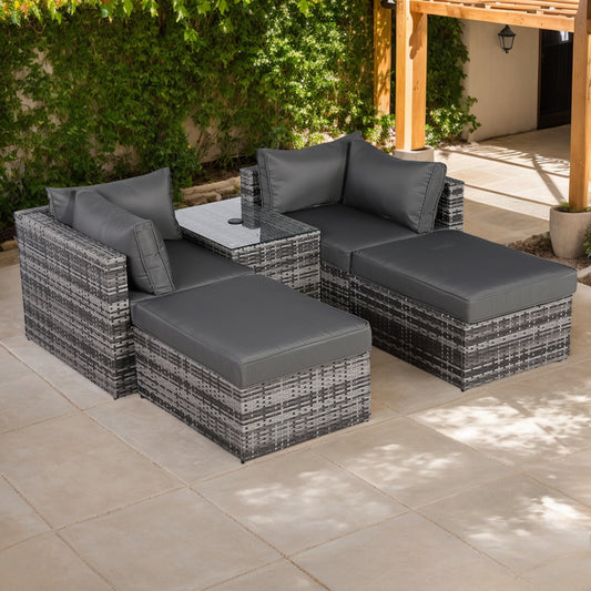 Modern Range Lounger Chaise Sofa Set with Side Table in Grey Rattan with Free Rain Cover