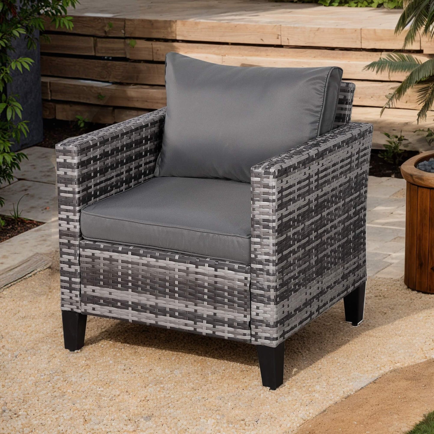 Palma Range Single Arm Chair in Grey Rattan and Grey Cushions