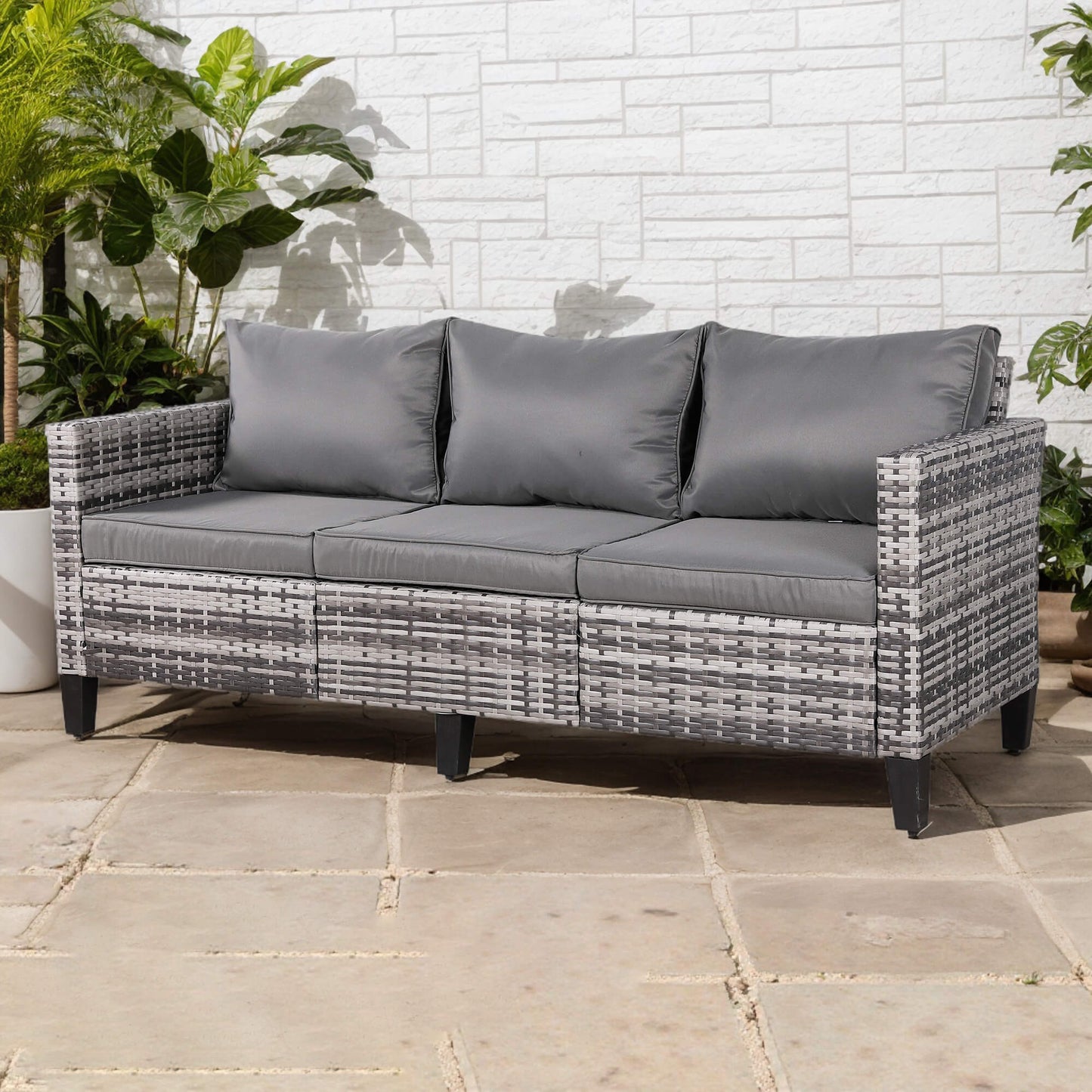 PRE ORDER - Palma Range 3-Seater Sofa in Grey Rattan and Grey Cushions
