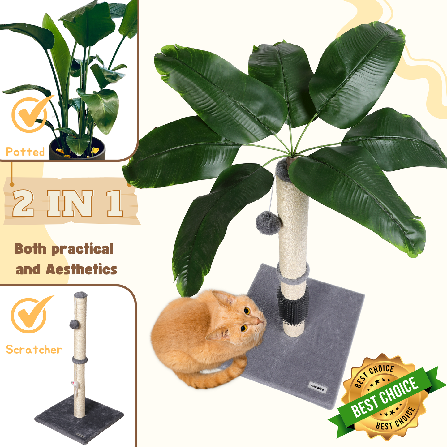 Max Mice Cat Scratching Post, 80cm Kitten Scratching Post with Premium Sisal Rope, Cute Cat Tree with Dangling and Spring Ball Toys for Indoor Small Cats(Bird of Paradise)
