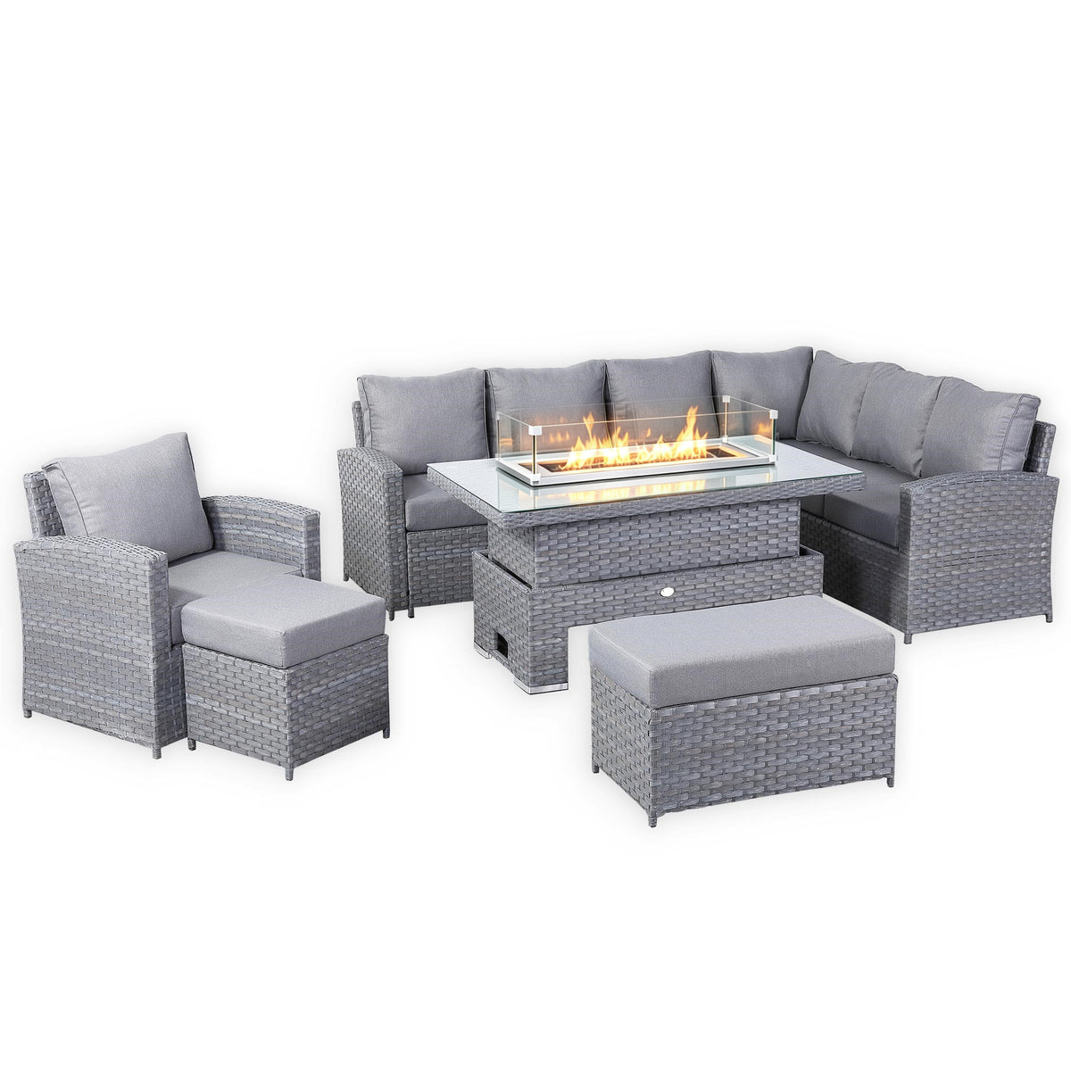 Isobella 10 seater Elite Right Hand Corner Sofa Set with Fire Pit Rising Table and Arm Chair in Grey Rattan