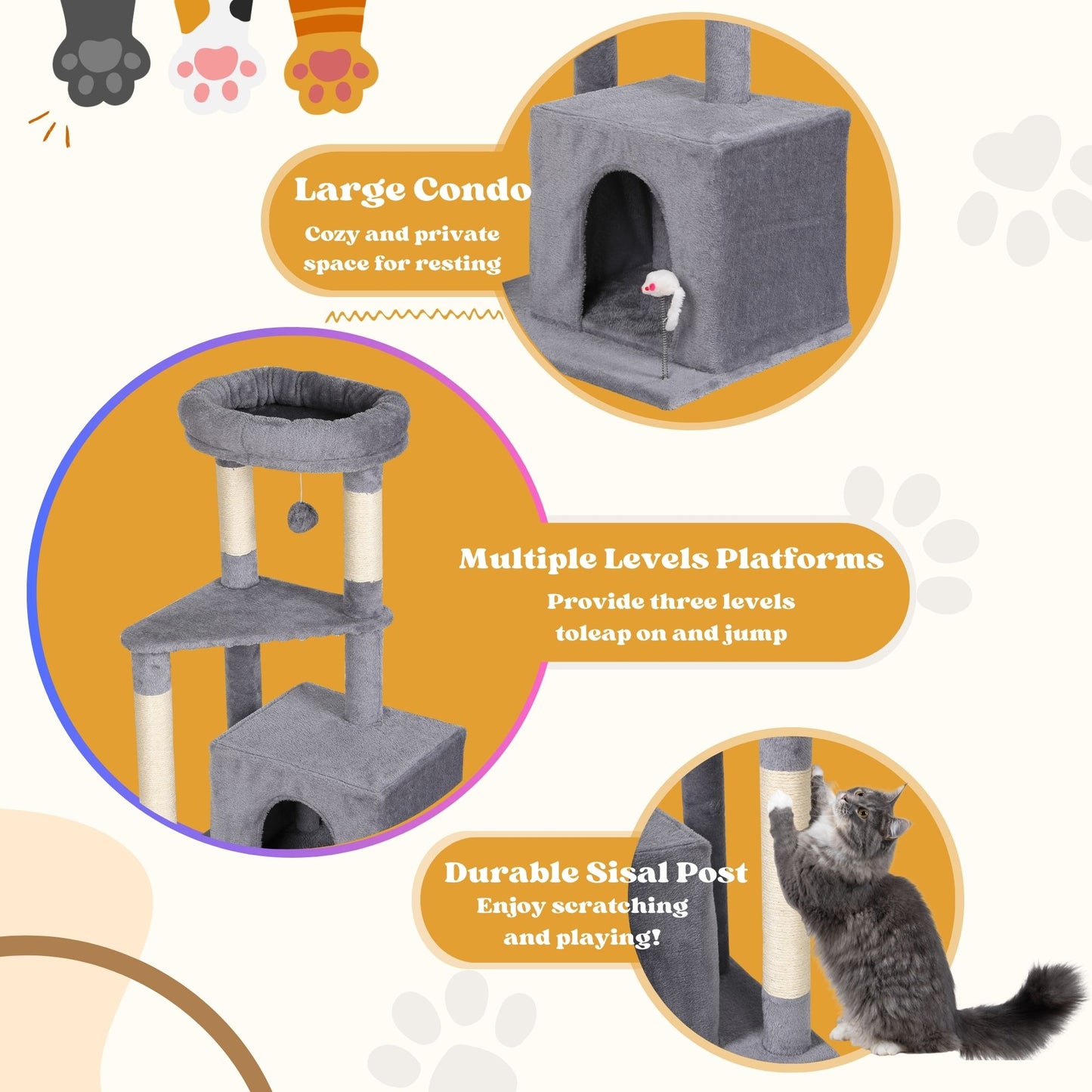 Max Mice Tree Tower Scratching Posts Multilevel Cat Climbing House with Condos & Ladder Cat Activity Centre for Indoor Cats, Grey